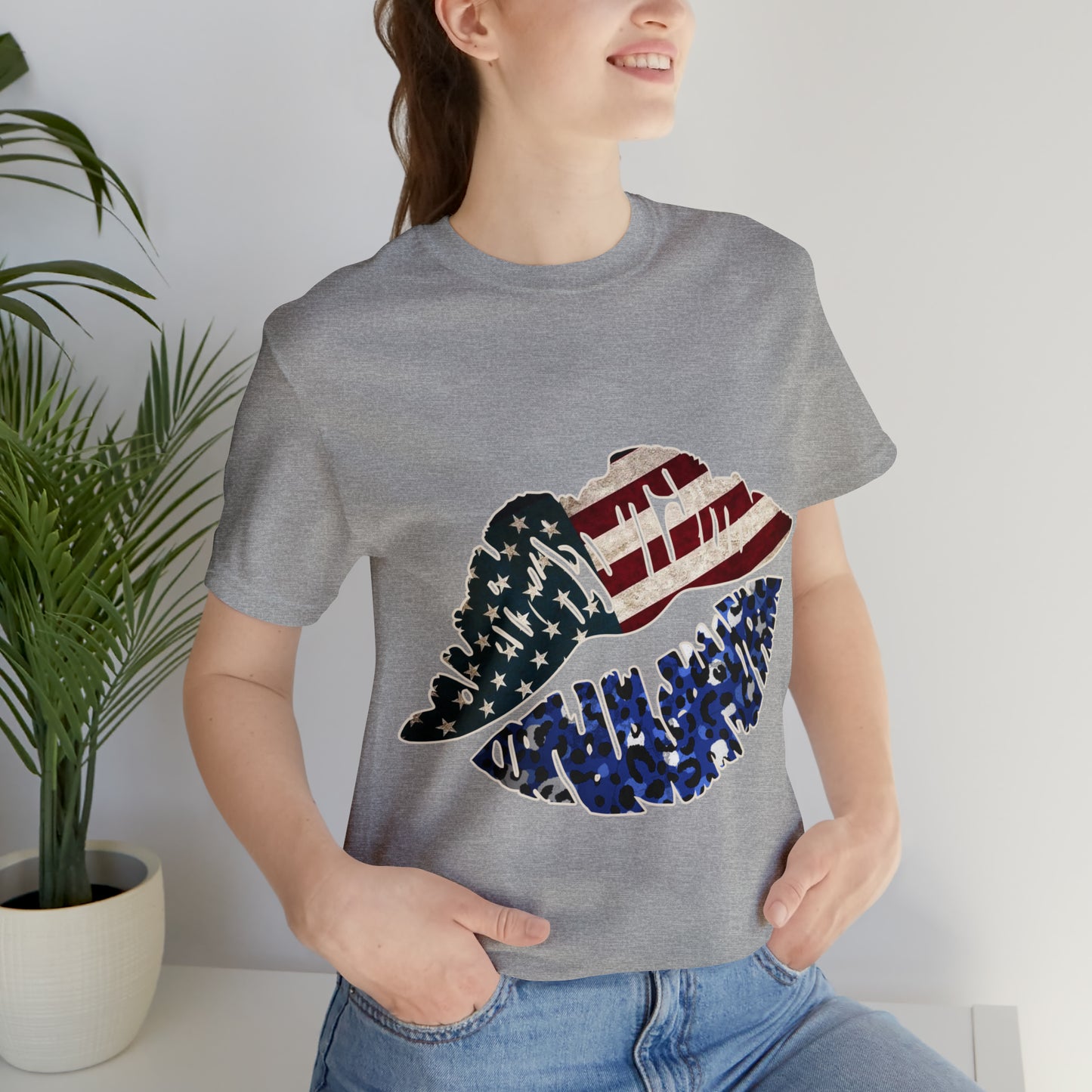 American Flag Lips 4th of July Unisex Jersey Short Sleeve Tee Patriotic Retro