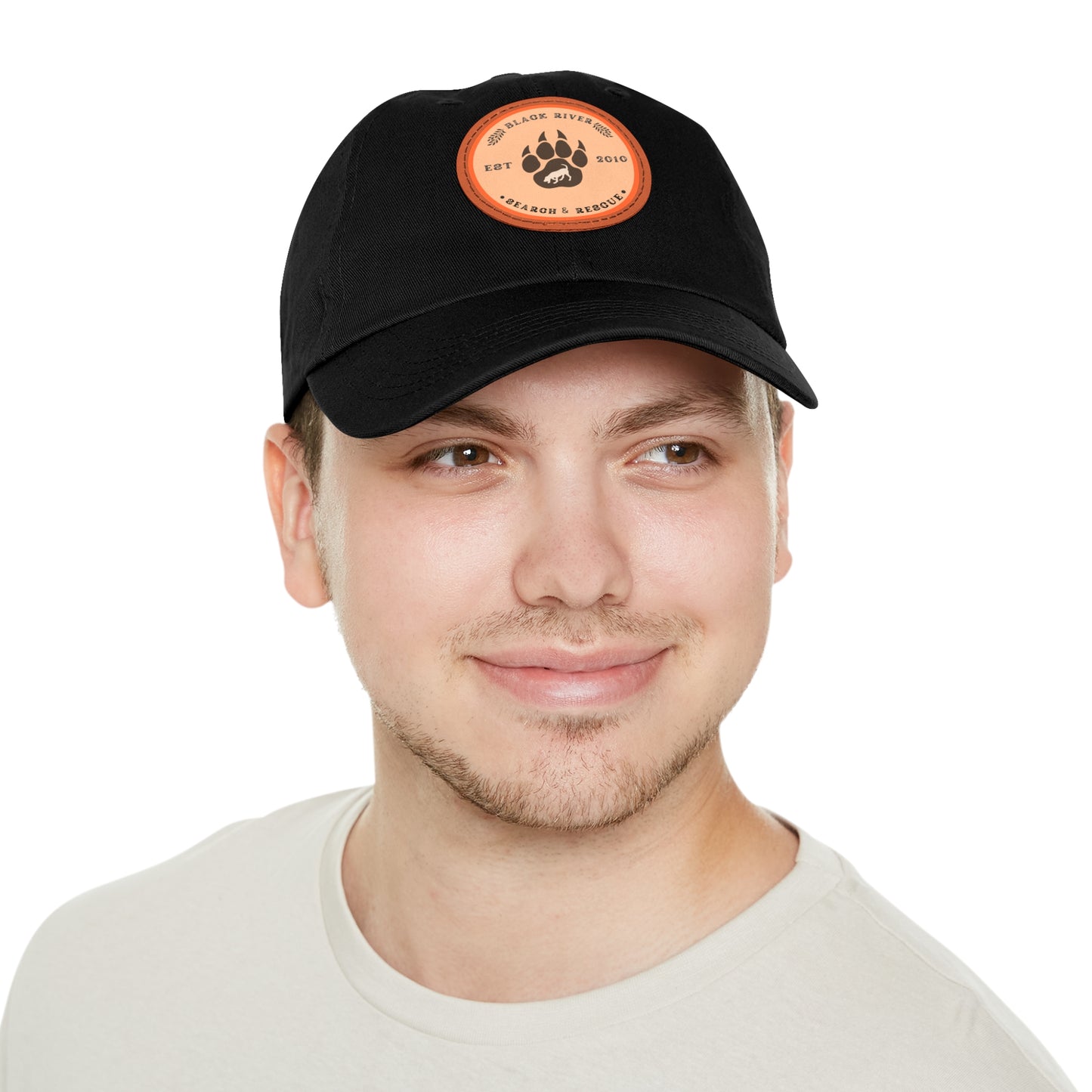 Copy of Unisex Hat with Leather Patch (Round), Black River Search & Rescue Logo, Orange patch