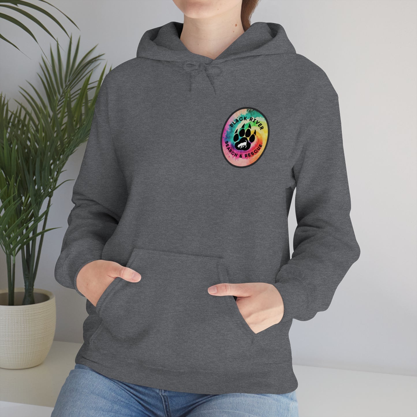 Tie Dye Black River Search & Rescue Logo with Lucy Unisex Heavy Blend™ Hooded Sweatshirt