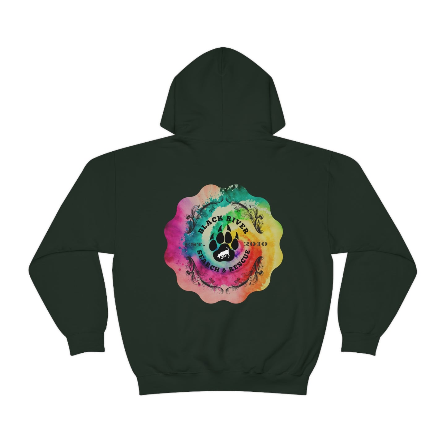 Tie Dye Black River Search & Rescue Logo with Lucy Unisex Heavy Blend™ Hooded Sweatshirt