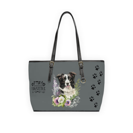 Dark Grey Border Collie Leather Shoulder Bag You Had Me at Woof Stay Pawsitive