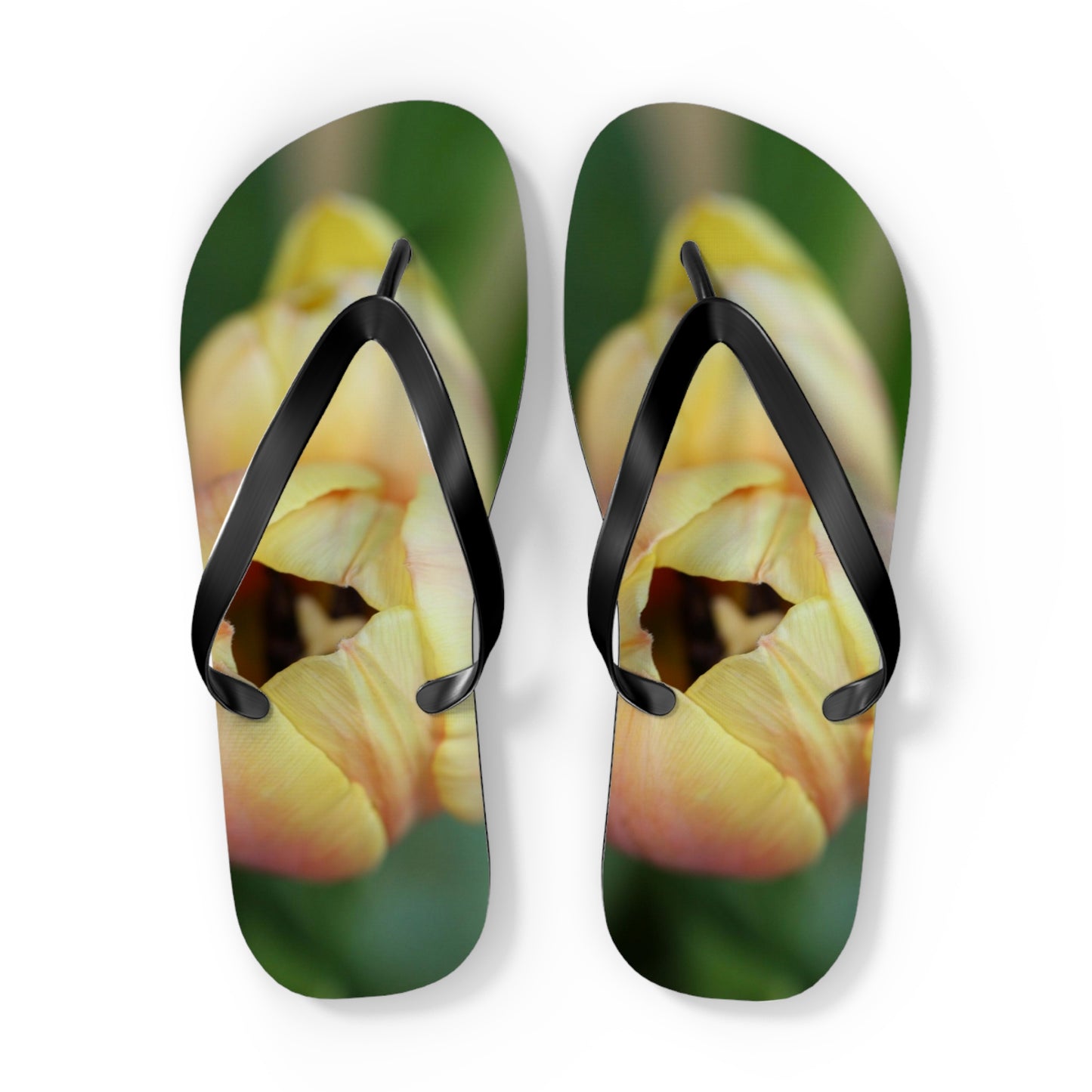 Flip Flops, tulips, peach, yellow, flowers