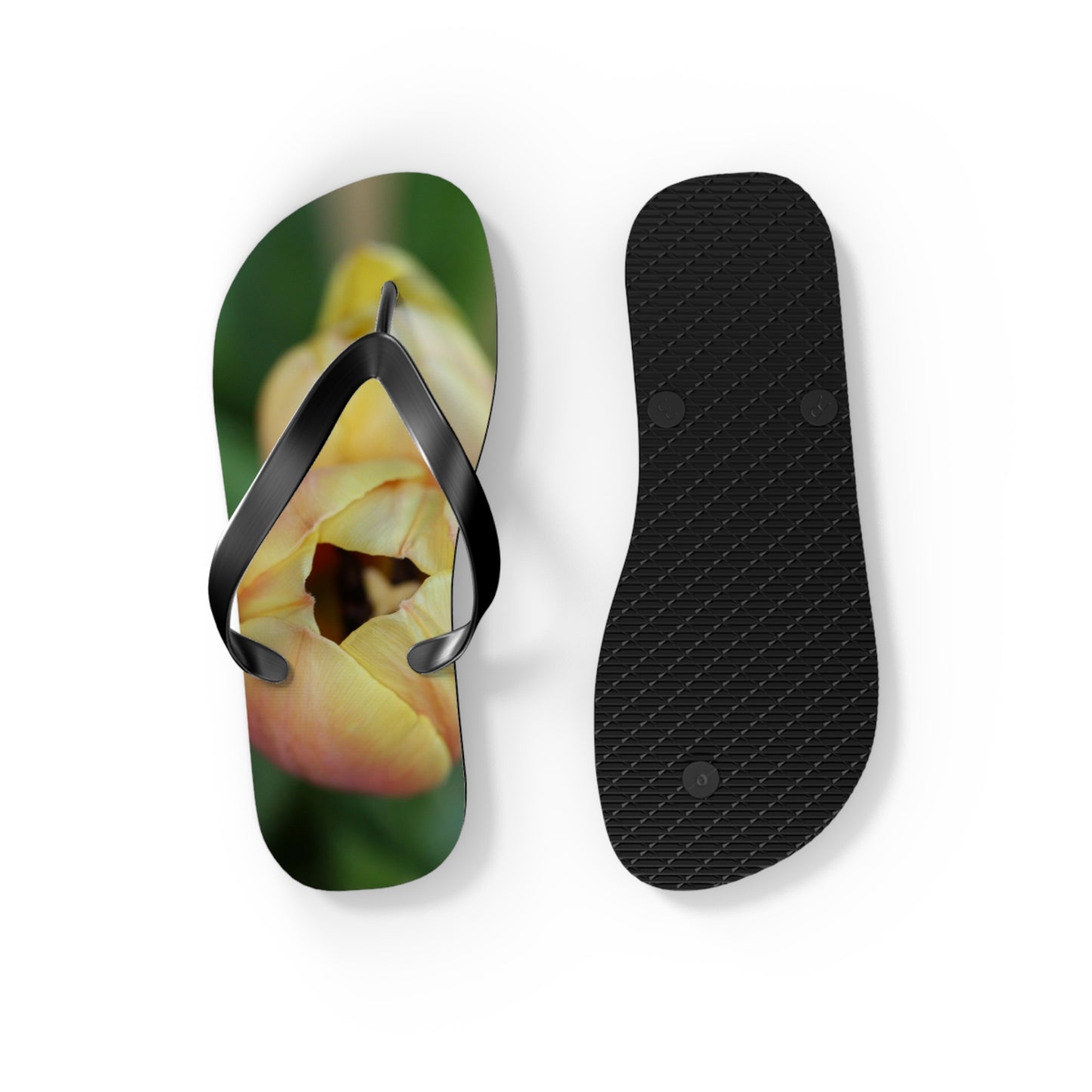 Flip Flops, tulips, peach, yellow, flowers