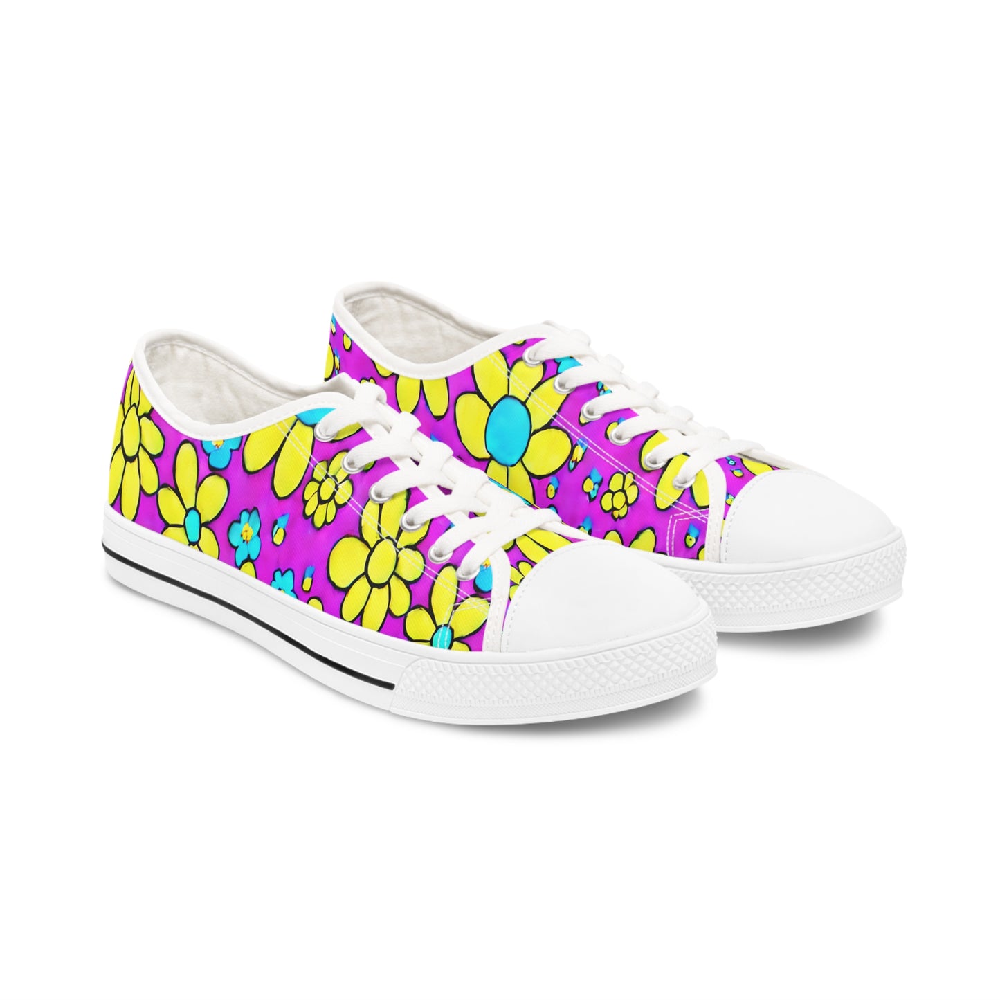 Women's Low Top Sneakers, Retro Flowers, Purple, Yellow, Multi-color flowers