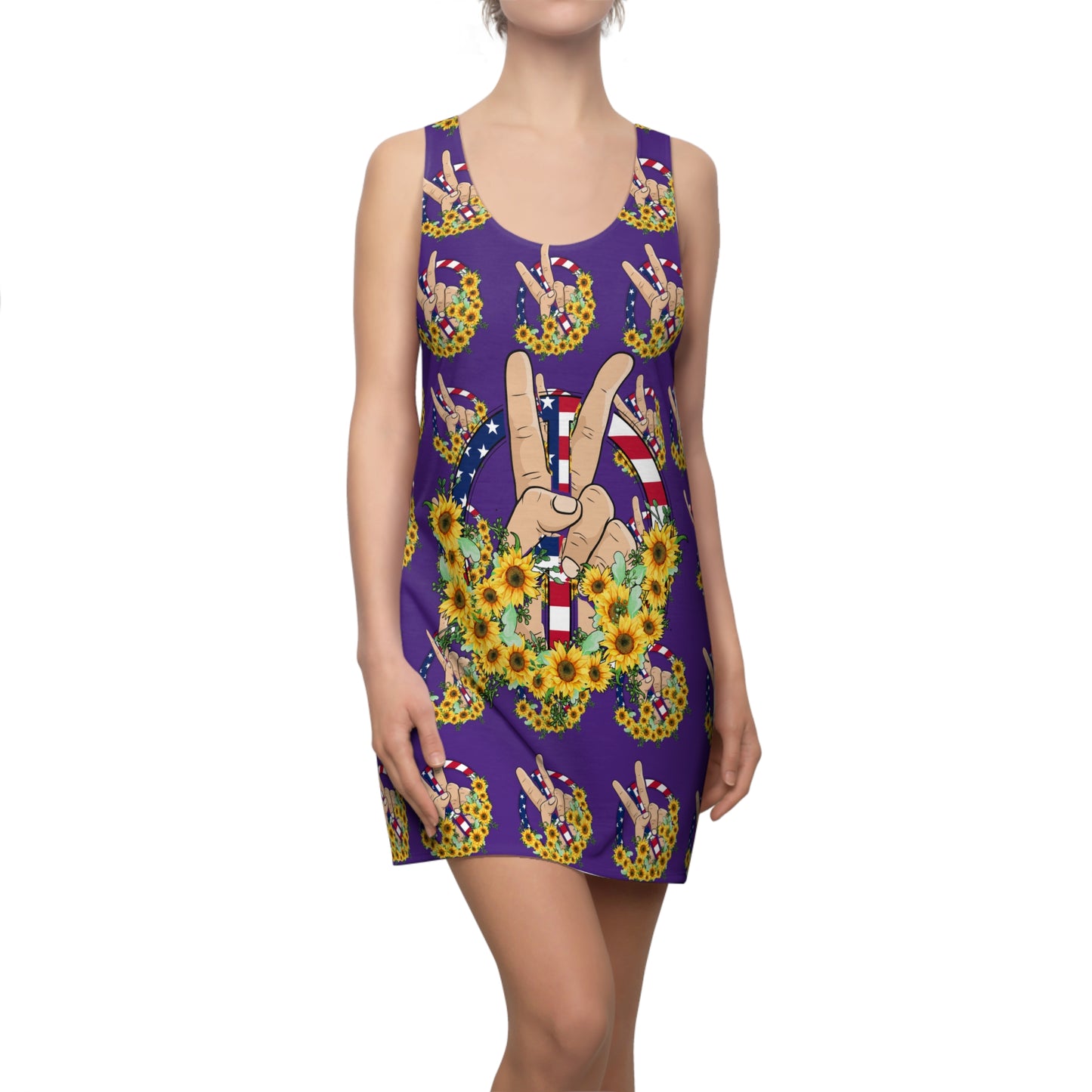 Purple 4th of July Large Peace Sign Sunflower Women's Cut & Sew Racerback Dress Patriotic Retro