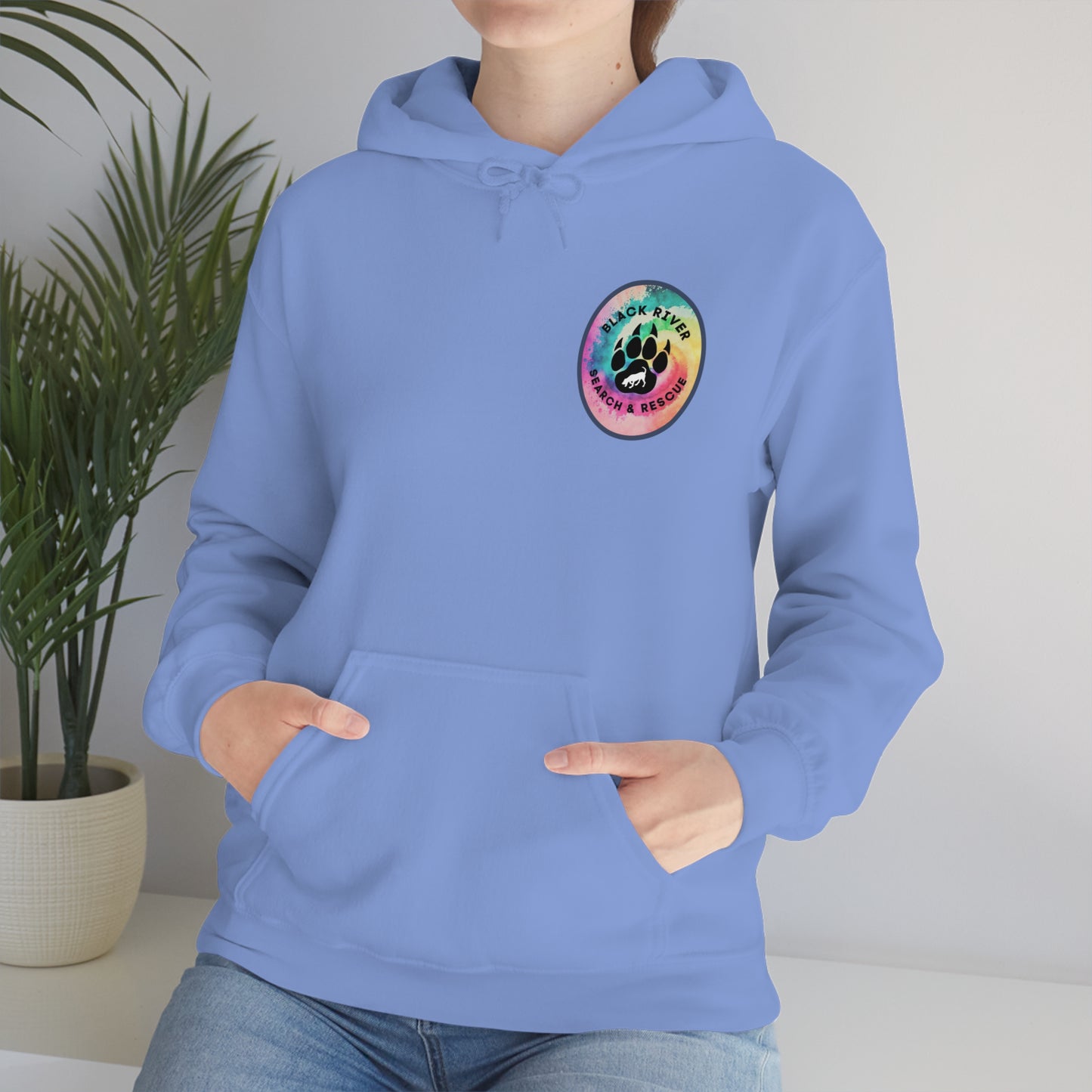 Tie Dye Black River Search & Rescue Logo with Lucy Unisex Heavy Blend™ Hooded Sweatshirt