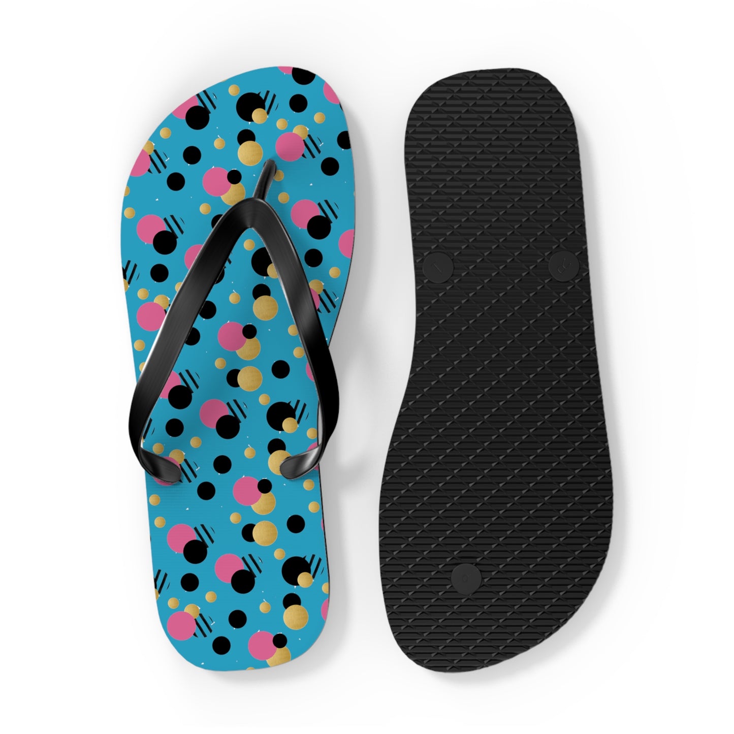 Turquoise pink, black gold polka dot Flip Flops