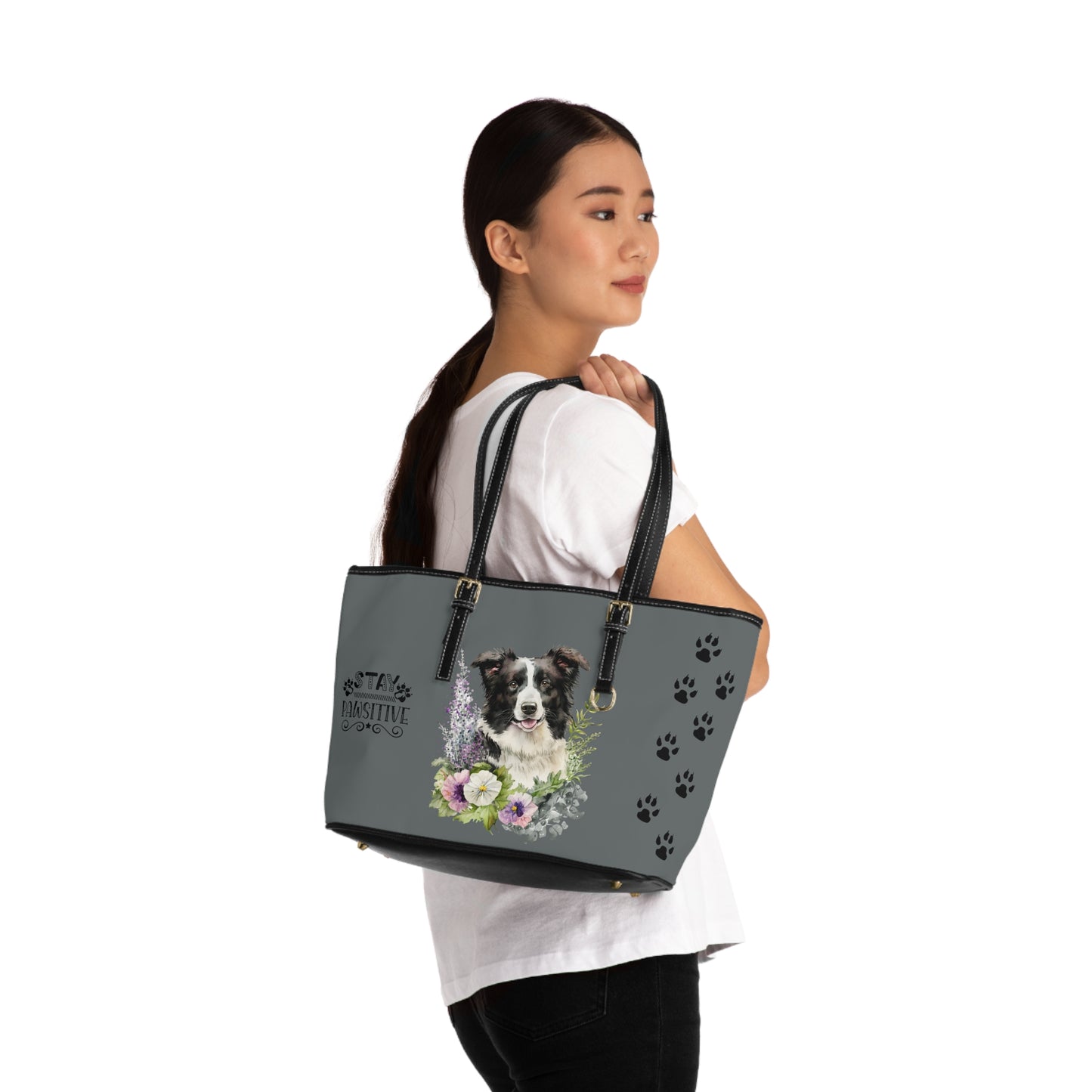 Dark Grey Border Collie Leather Shoulder Bag You Had Me at Woof Stay Pawsitive