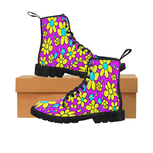 Women's Canvas Boots, Daisies, Purple, Yellow,, Retro, Flowers