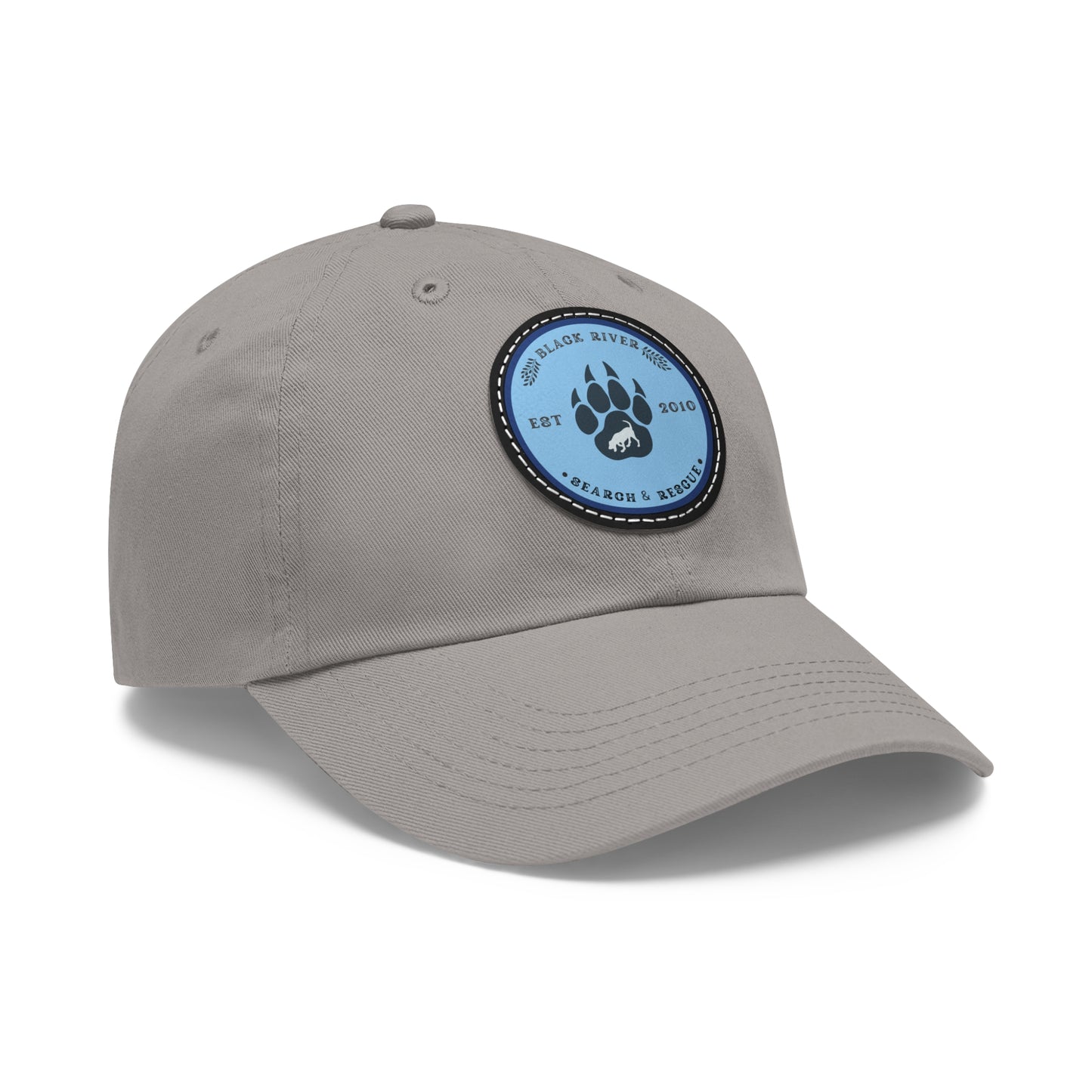 Unisex Hat with Leather Patch (Round), Black River Search & Rescue Logo, Blue patch