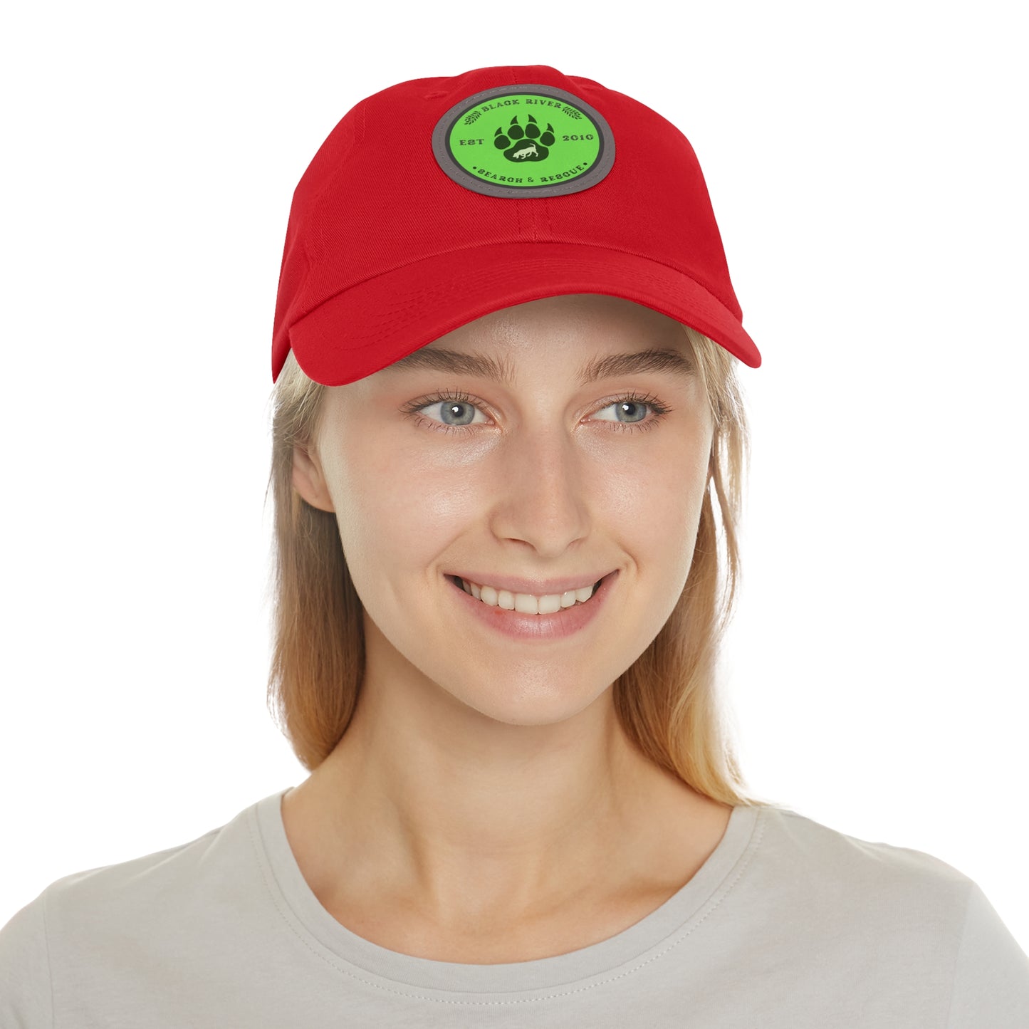 Unisex Hat with Leather Patch (Round), Black River Search & Rescue Logo, Lime Green patch