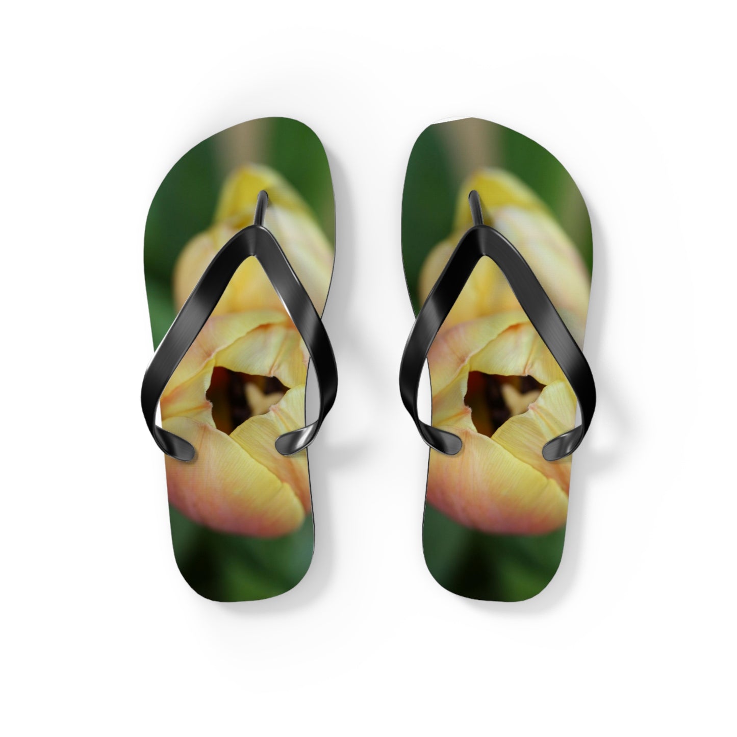 Flip Flops, tulips, peach, yellow, flowers