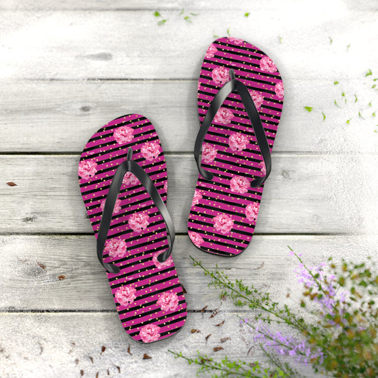 Bright Pink rose and black striped Flip Flops