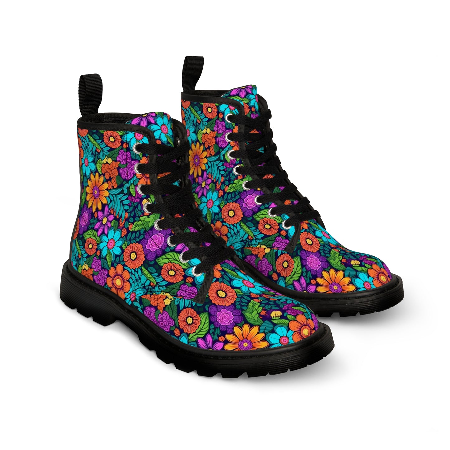 Women's Canvas Boots, Daisies, Sunflowers, Yellow, Purple, Aqua, Flowers, Retro small print flowers