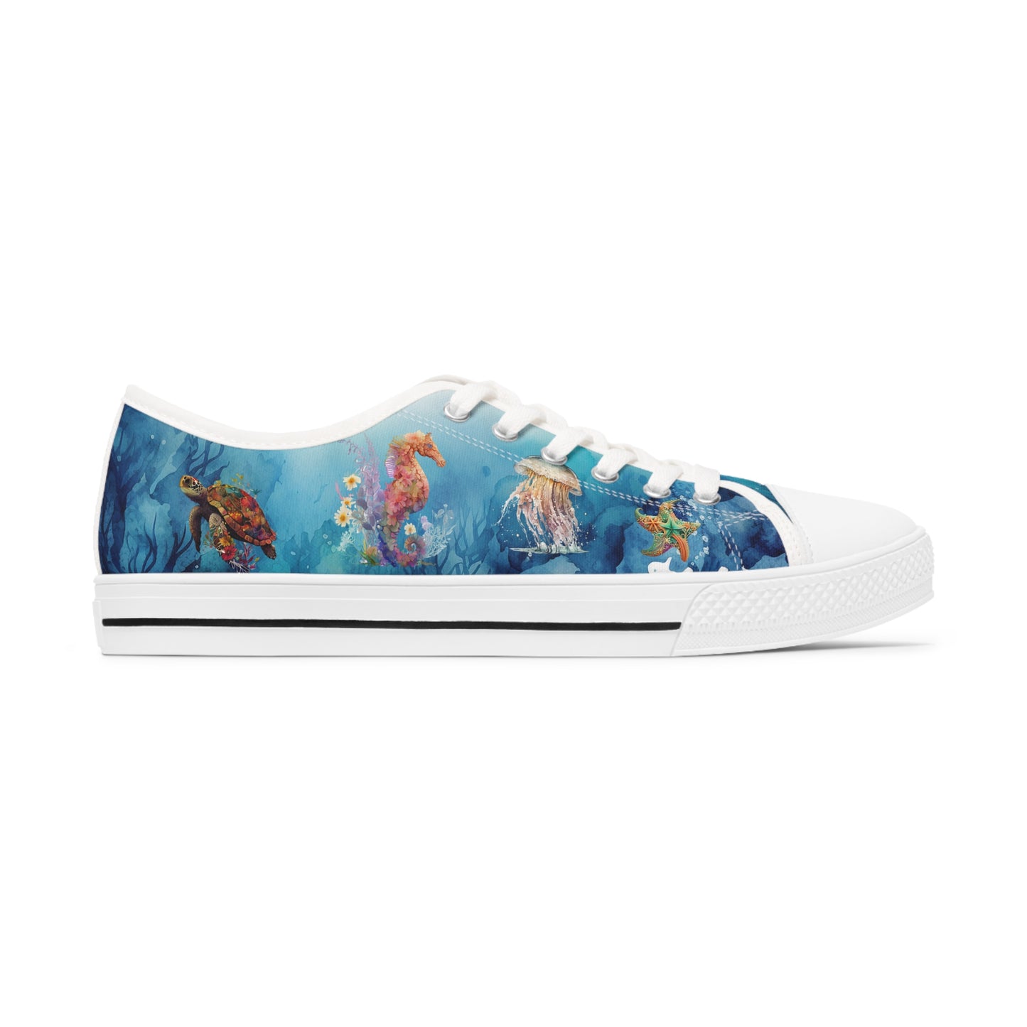 Women's Low Top Sneakers, Under Sea, Jellyfish, Turtle, Seahorse, Starfish