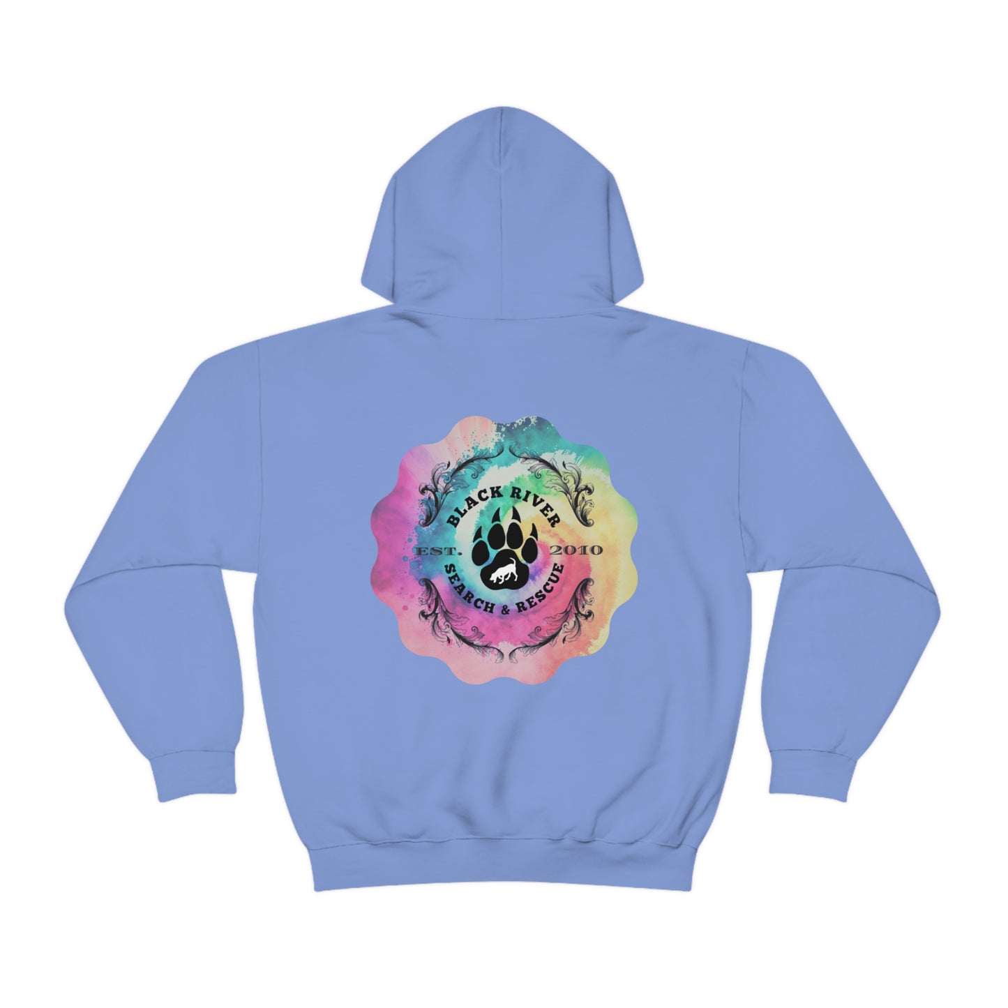 Tie Dye Black River Search & Rescue Logo with Lucy Unisex Heavy Blend™ Hooded Sweatshirt