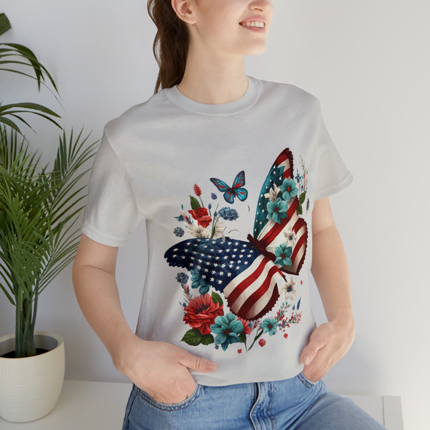 Unisex Jersey Short Sleeve Tee, American Flag, Butterfly, Patriotic