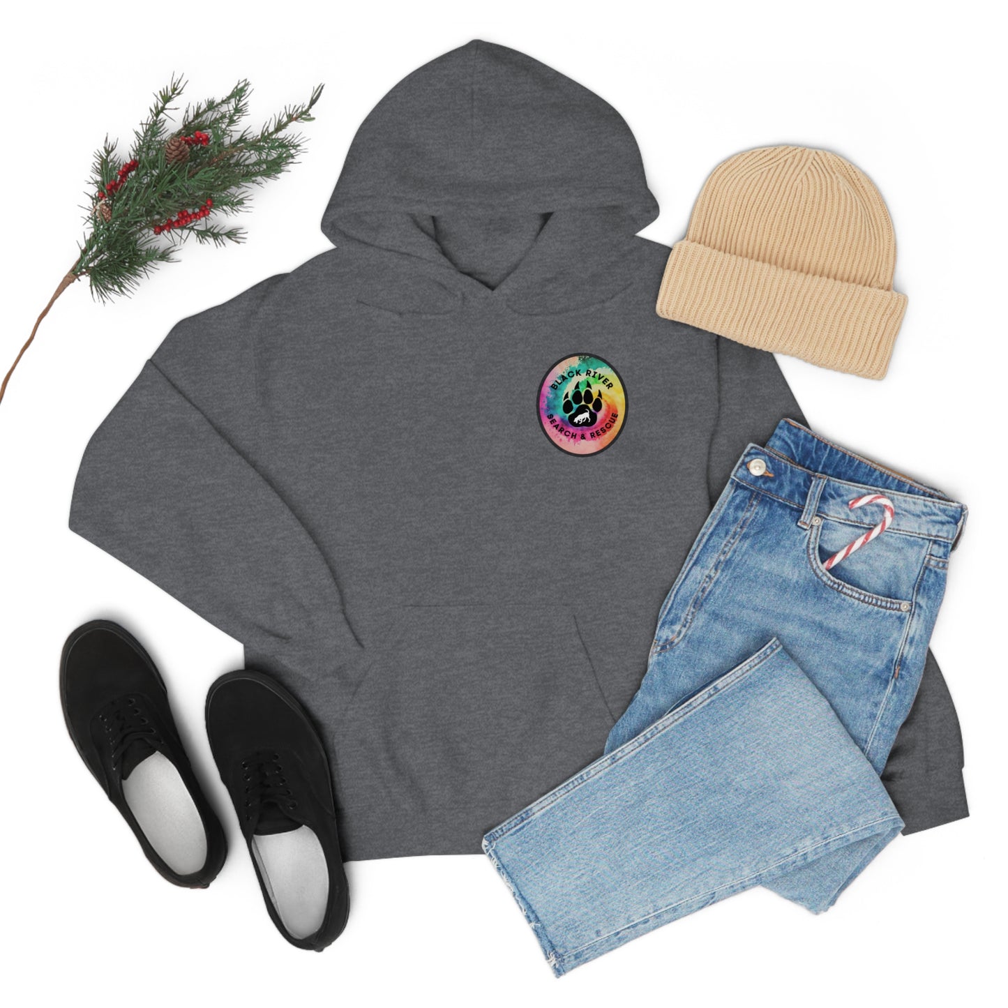 Tie Dye Black River Search & Rescue Logo with Lucy Unisex Heavy Blend™ Hooded Sweatshirt