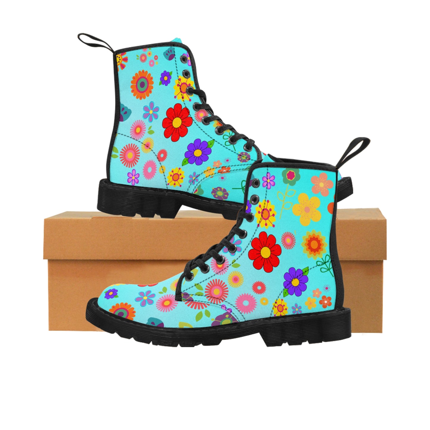 Women's Canvas Boots, Retro, Multi-color, Aqua, Flowers, Multi-Color, Blue