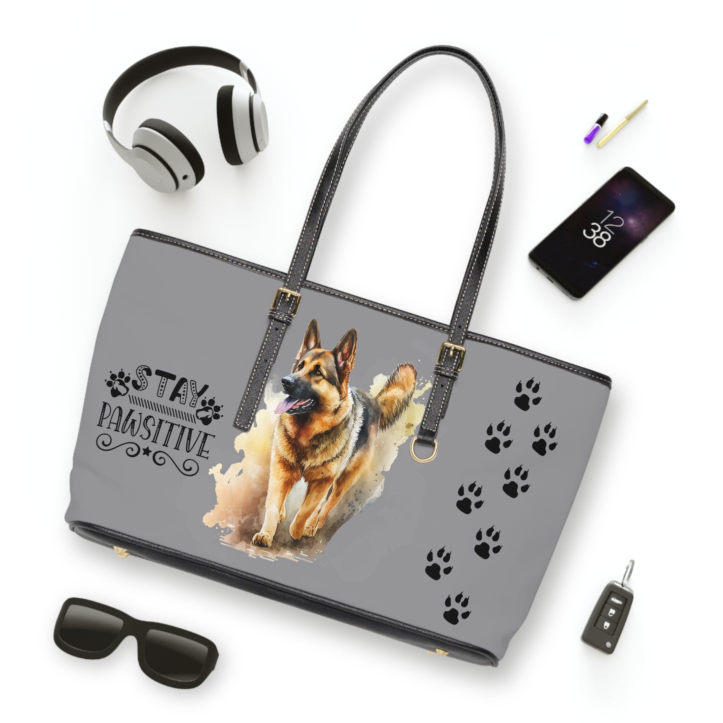 German Shepard Leather Shoulder Bag Grey You had me at Woof Stay Pawsitive Tote