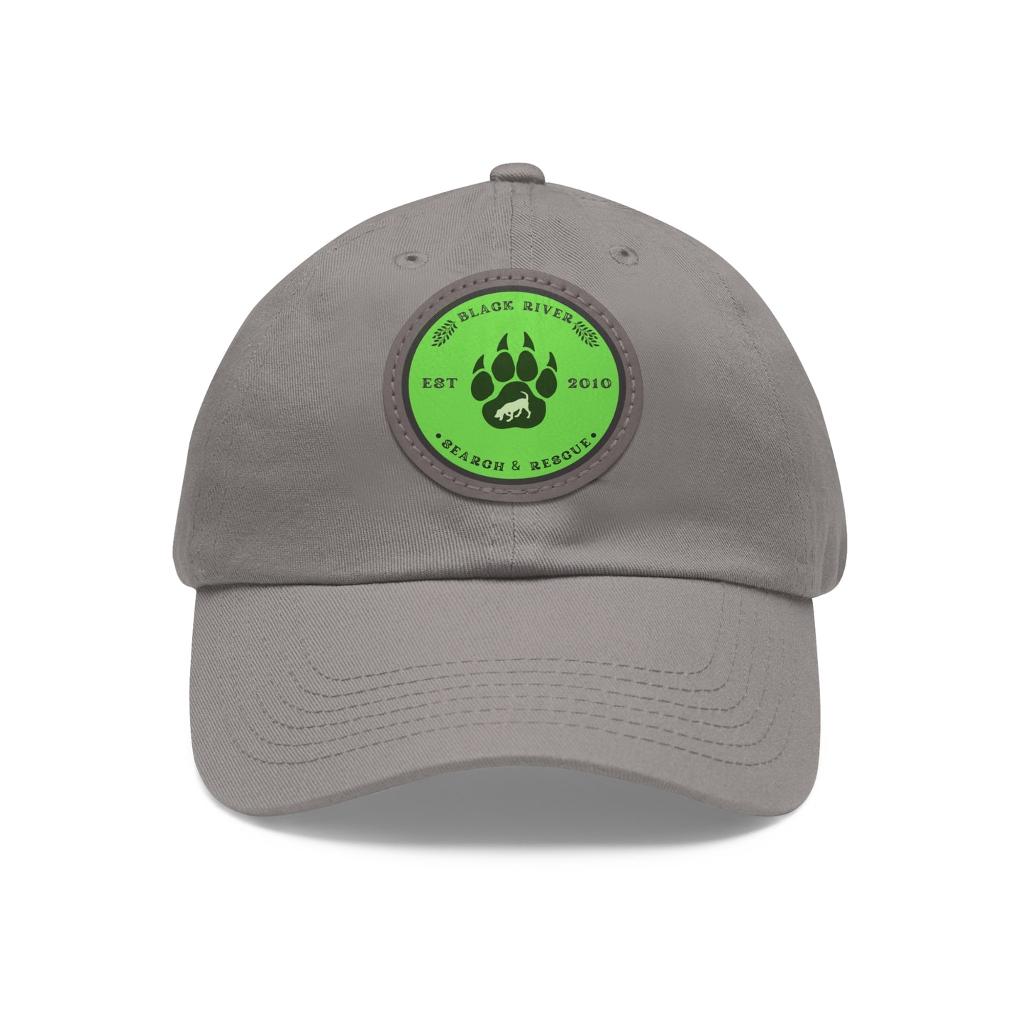 Unisex Hat with Leather Patch (Round), Black River Search & Rescue Logo, Lime Green patch