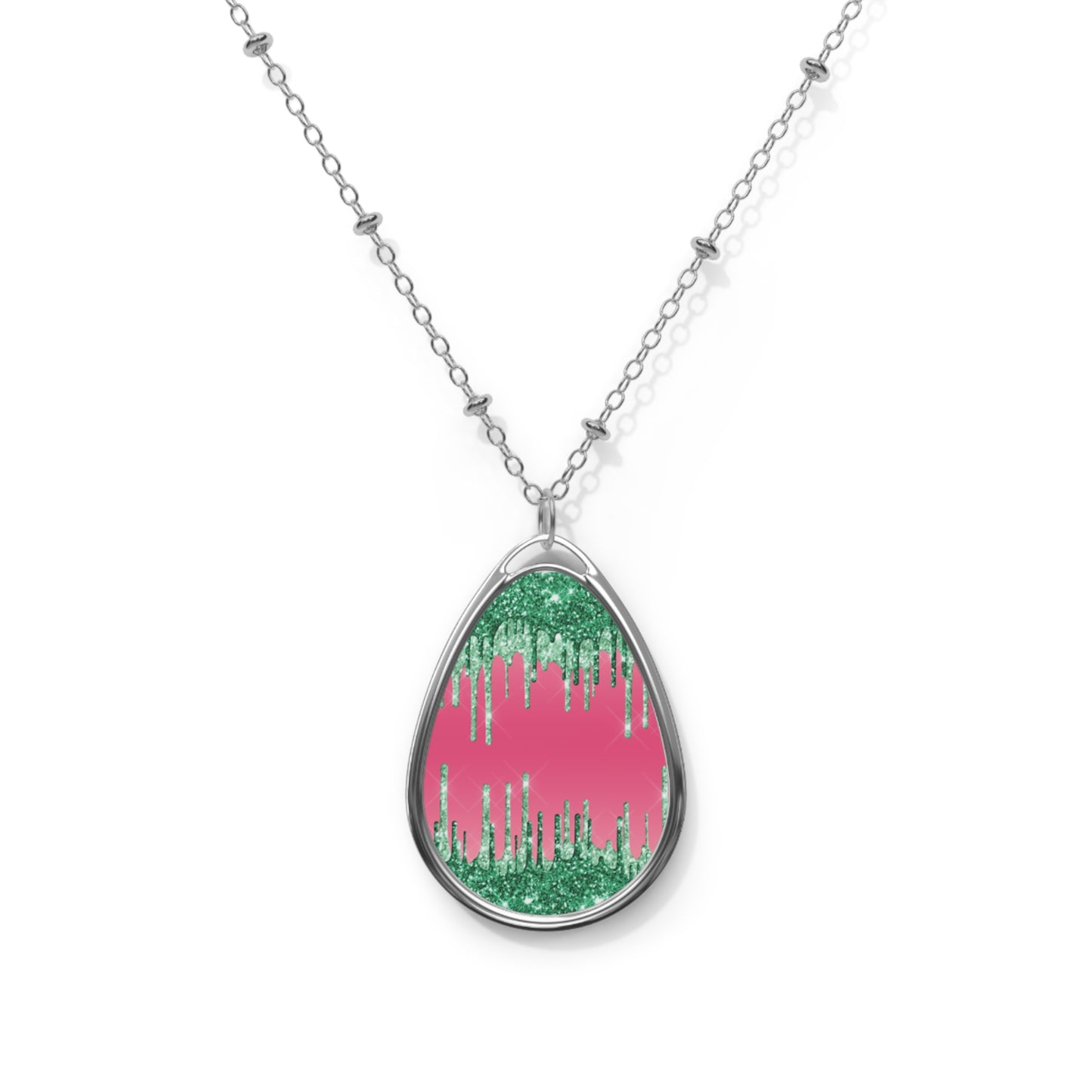 Pink and Green Glitter Drips Oval Necklace