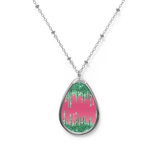 Pink and Green Glitter Drips Oval Necklace