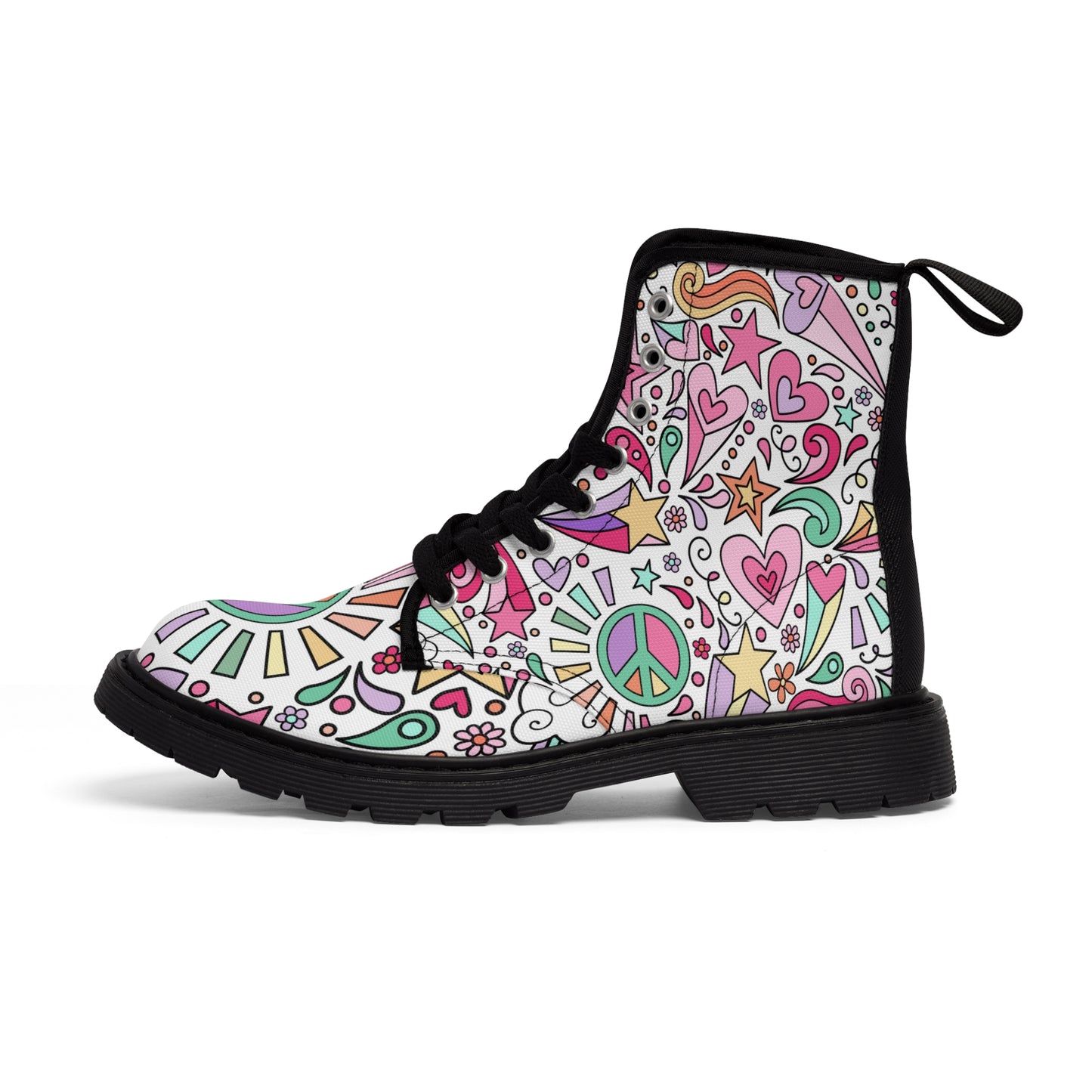 Women's Canvas Boots, Multi-color, Pastel, Peace sign, 60's, retro