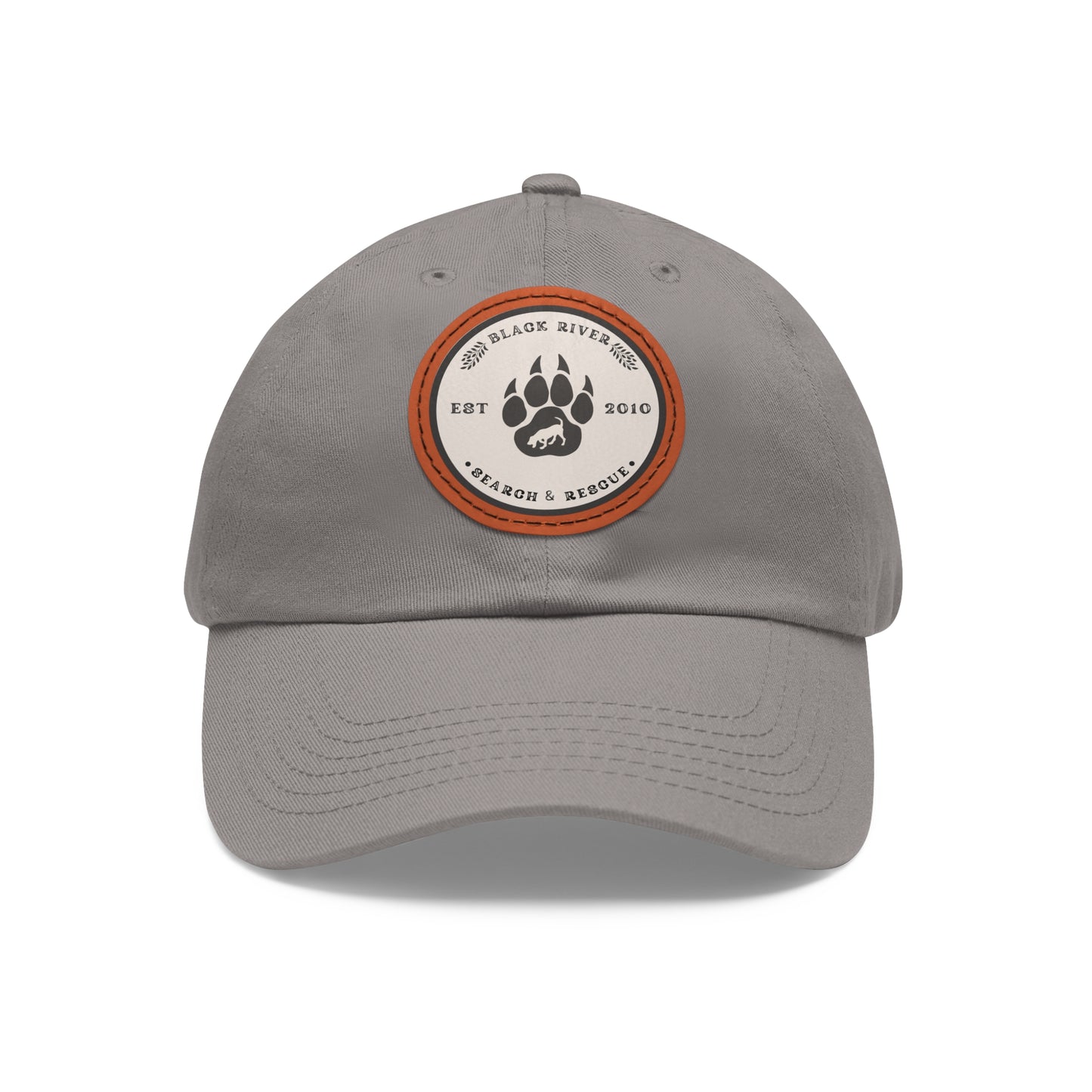 Unisex Hat with Leather Patch (Round), Black River Search & Rescue Logo, Beige patch