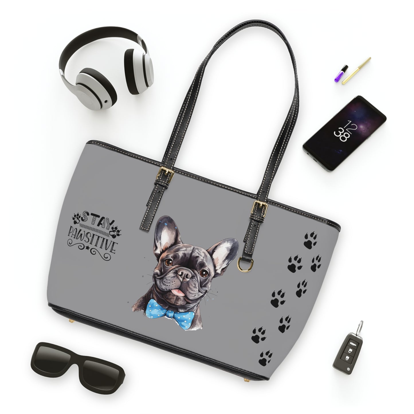 French Bulldog Leather Shoulder Bag Grey two Frenchie pictures You Had Me at Woof Stay Pawsitive