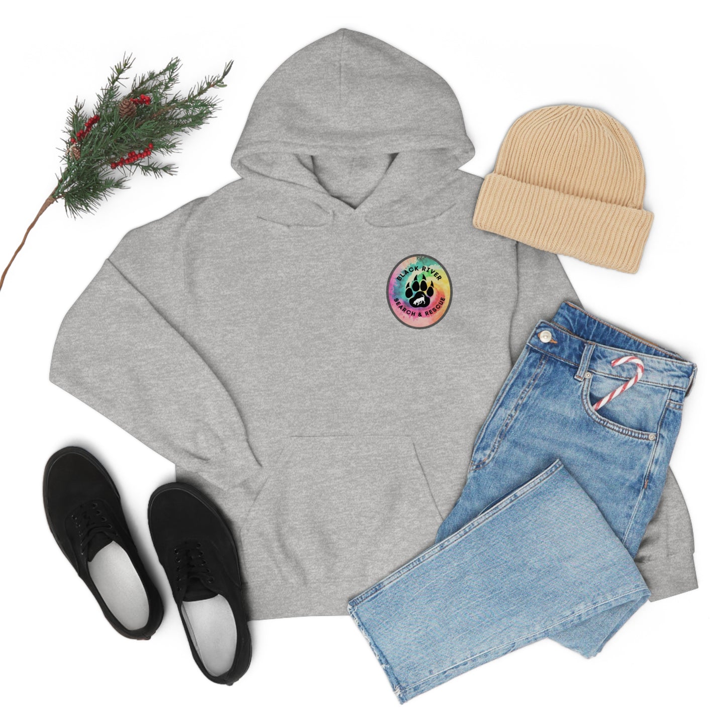 Tie Dye Black River Search & Rescue Logo with Lucy Unisex Heavy Blend™ Hooded Sweatshirt