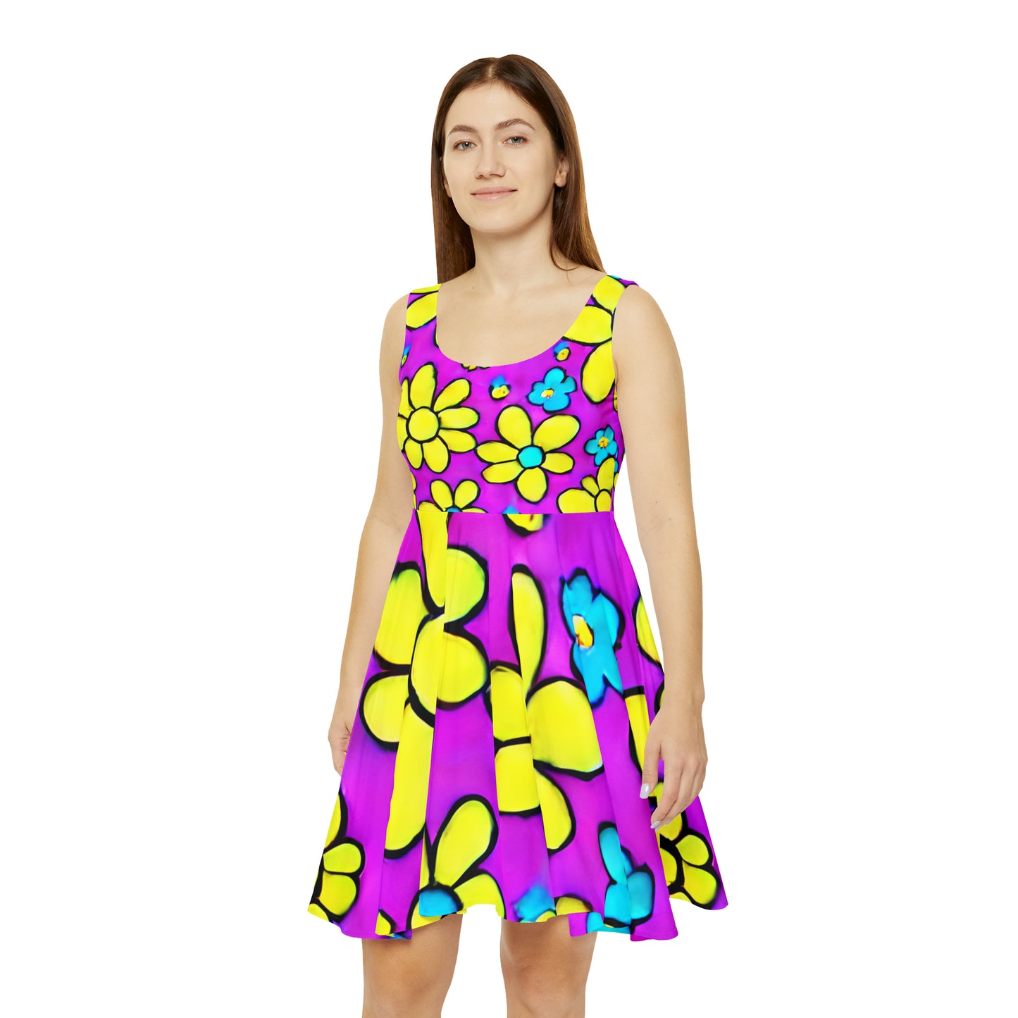 Women's Skater Dress (AOP)m Purple, Yellow, Retro, Flowers