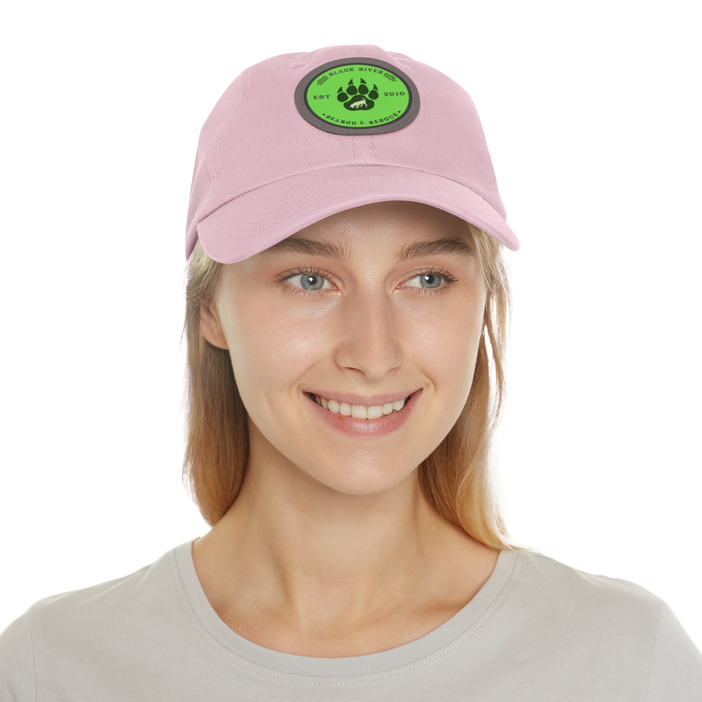 Unisex Hat with Leather Patch (Round), Black River Search & Rescue Logo, Lime Green patch