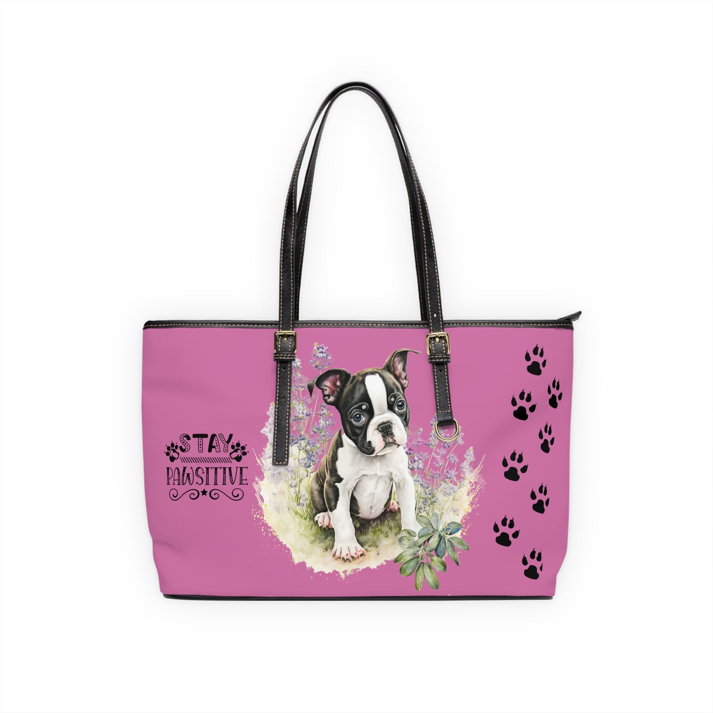 Boston Terrier Puppy Leather Shoulder Pink Bag two Boston Terrier puppies You Had Me at Woof Stay Pawsitive