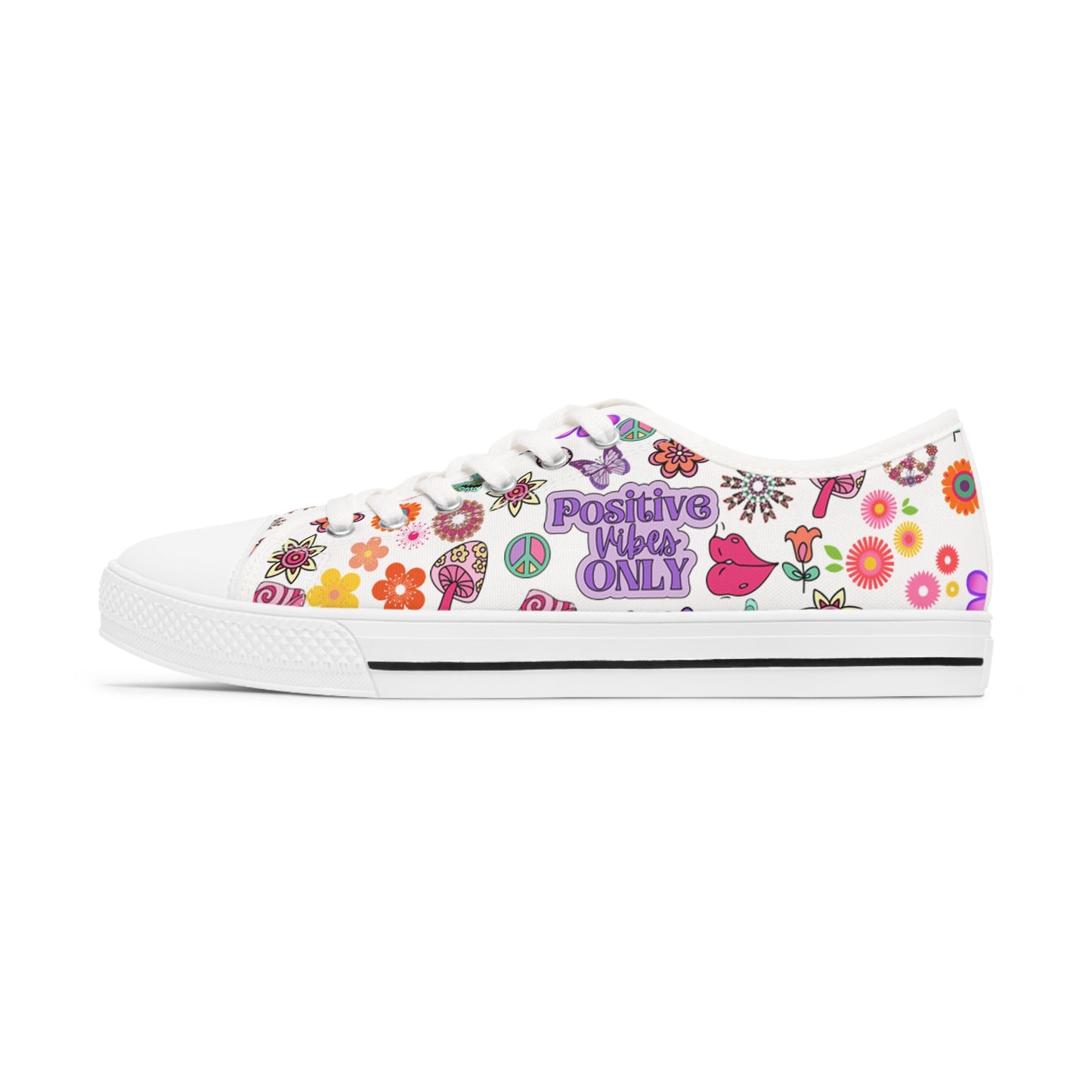 Women's Low Top Sneakers, Stay Positive, Peace Signs, Flowers, pastel, 60's