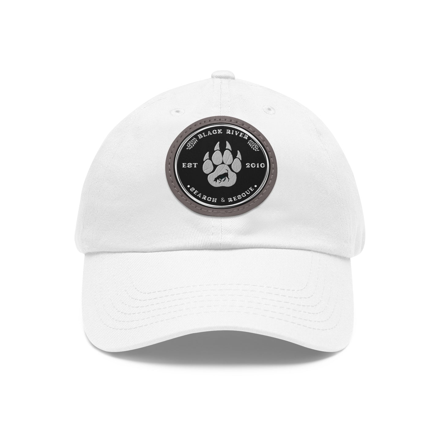 Unisex Hat with Leather Patch (Round), Black River Search & Rescue Logo, black & white patch