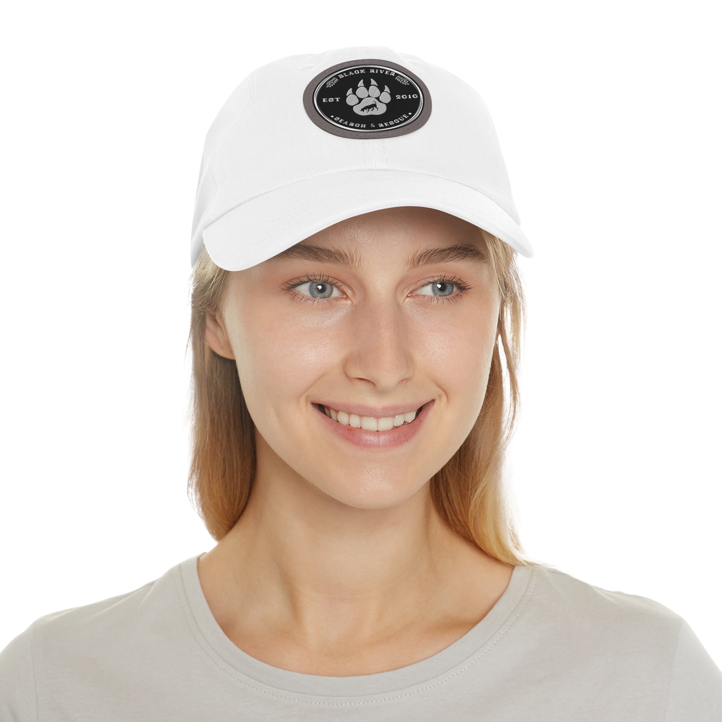 Unisex Hat with Leather Patch (Round), Black River Search & Rescue Logo, black & white patch