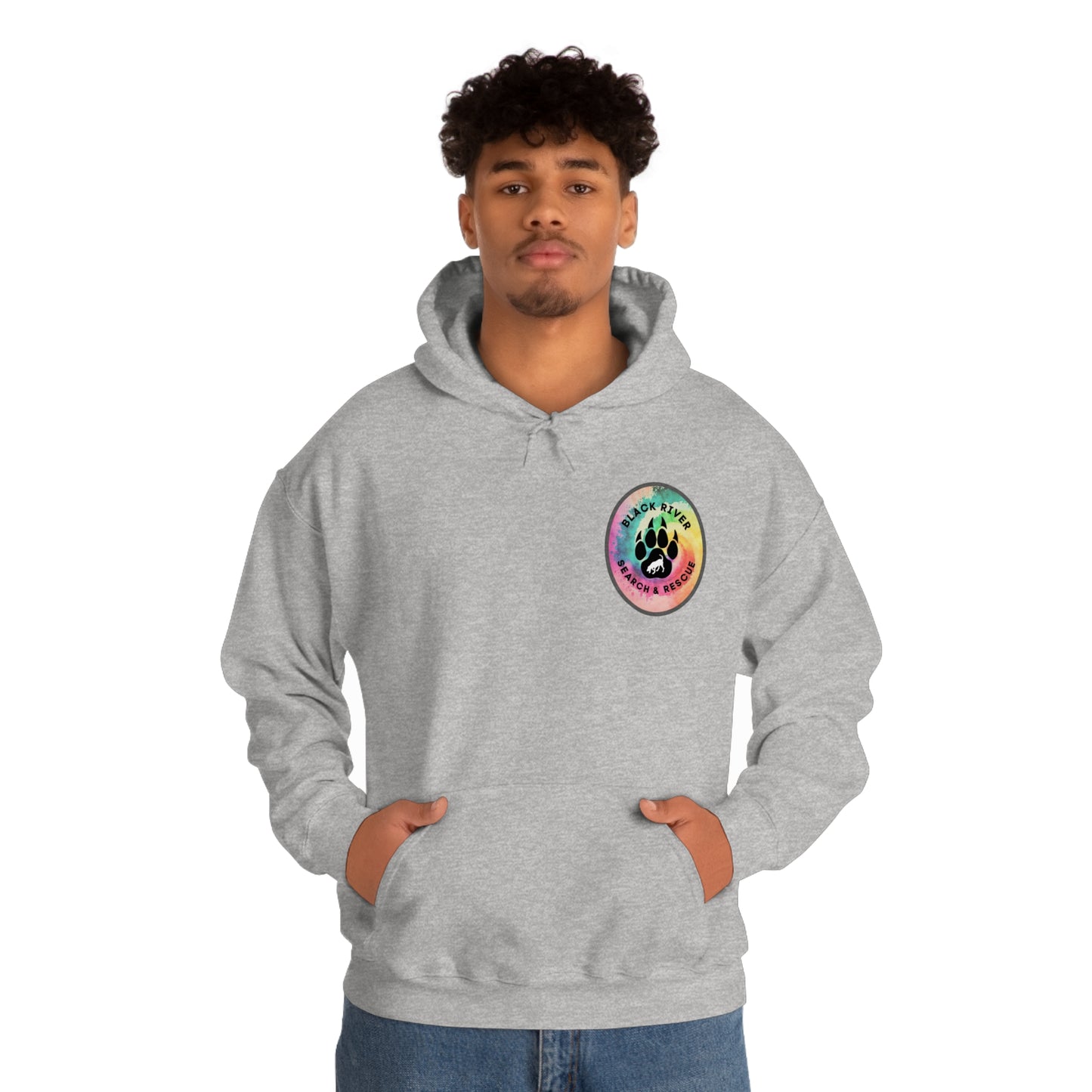 Tie Dye Black River Search & Rescue Logo with Lucy Unisex Heavy Blend™ Hooded Sweatshirt