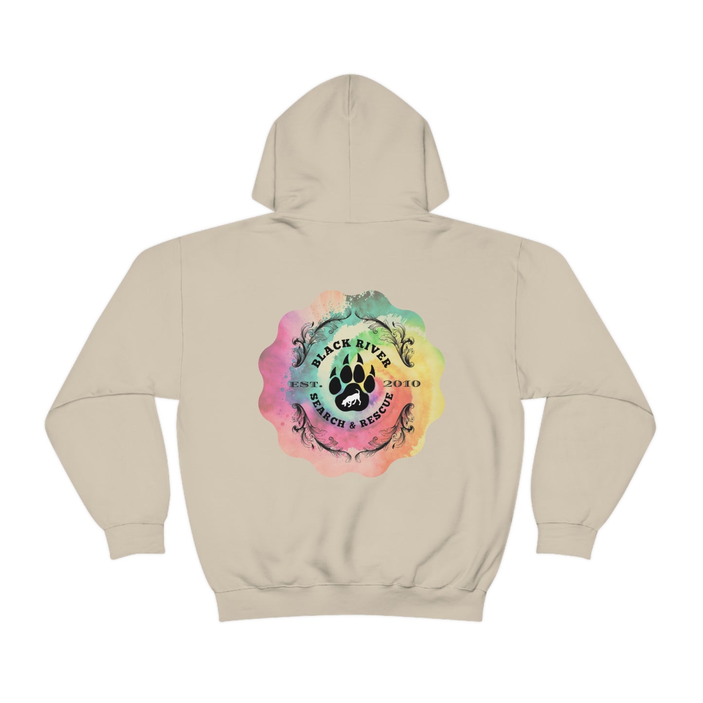 Tie Dye Black River Search & Rescue Logo with Lucy Unisex Heavy Blend™ Hooded Sweatshirt