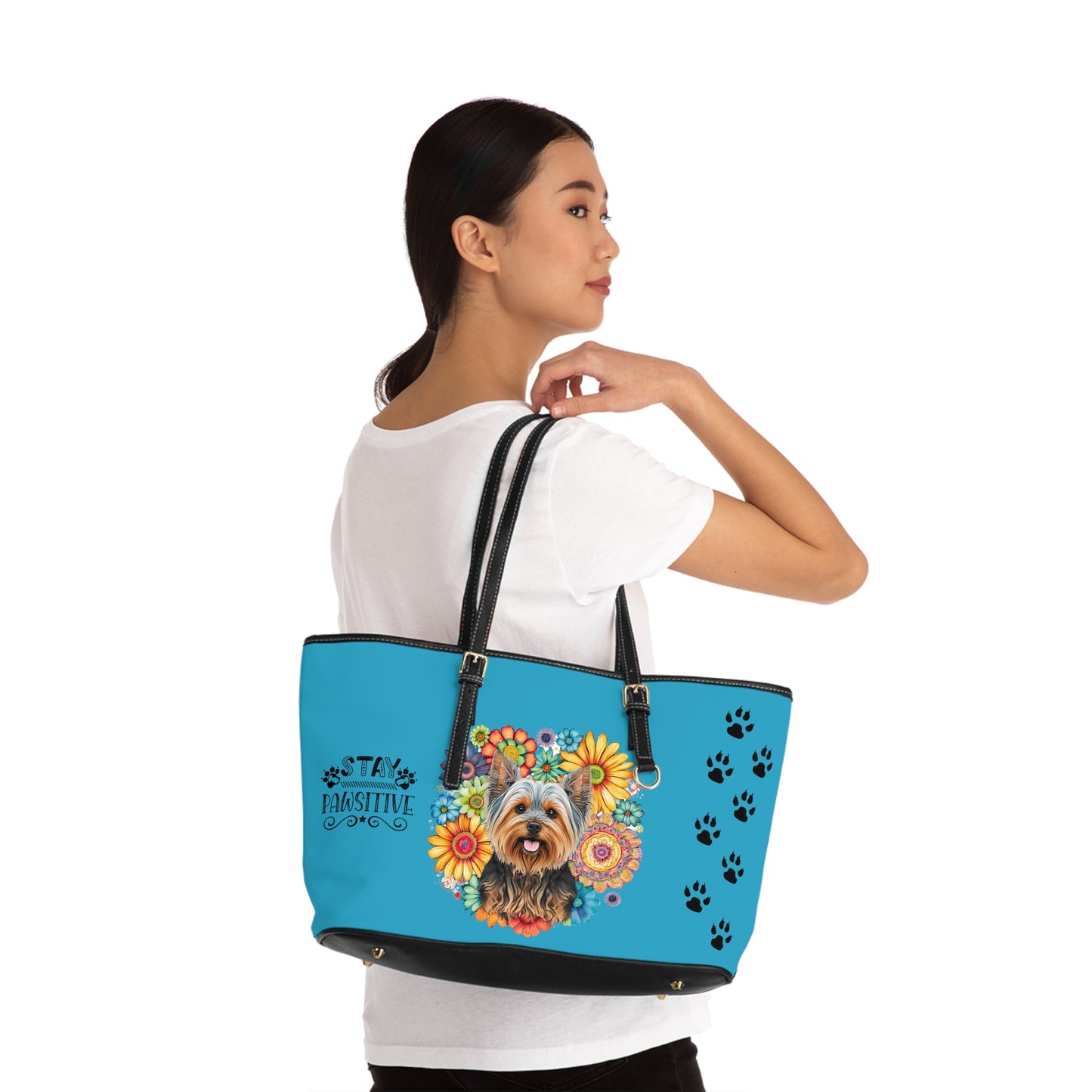 Yorkshire Terrier Leather Shoulder Bag  Turquoise two Yorkie pictures You Had Me at Woof Stay Pawsitive