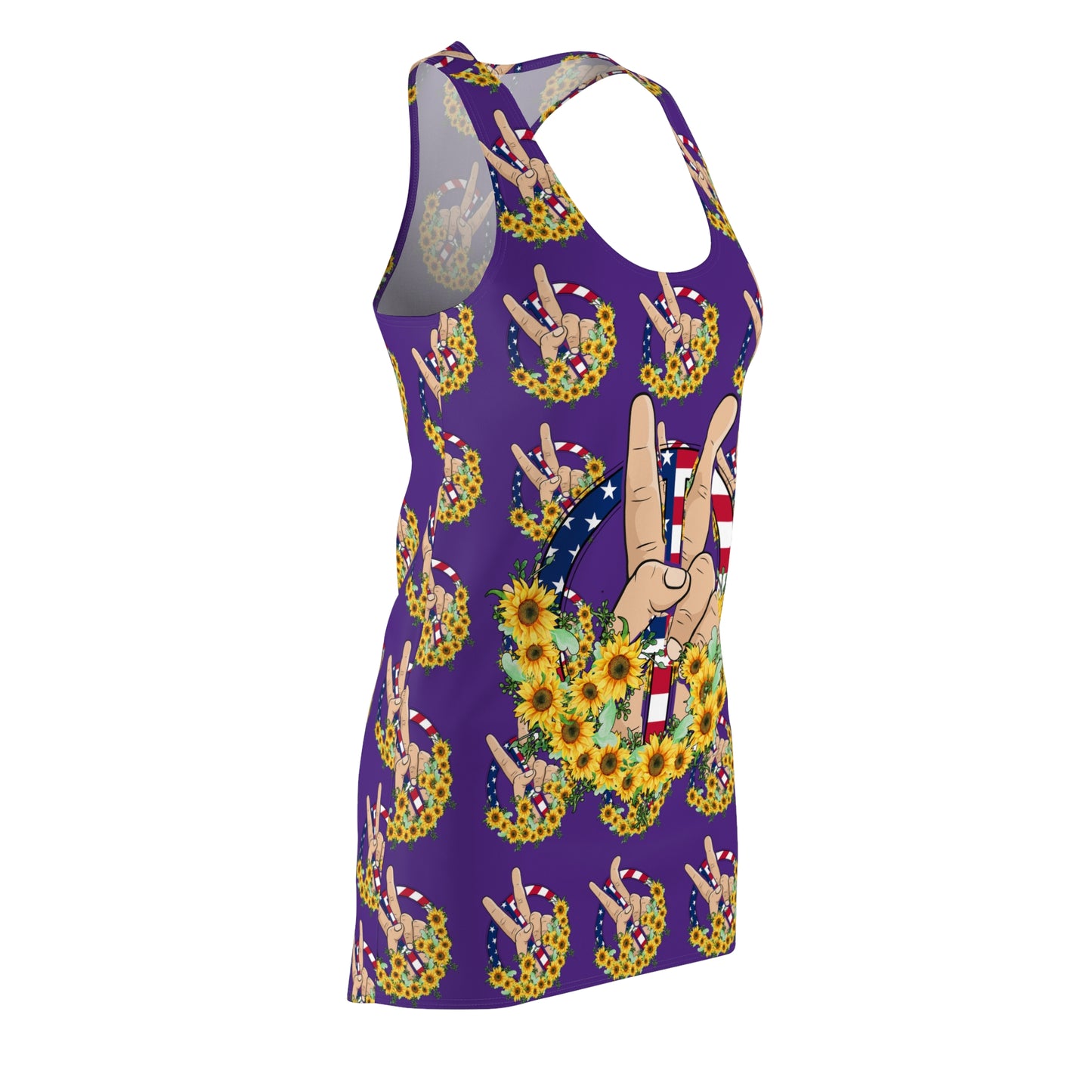 Purple 4th of July Large Peace Sign Sunflower Women's Cut & Sew Racerback Dress Patriotic Retro