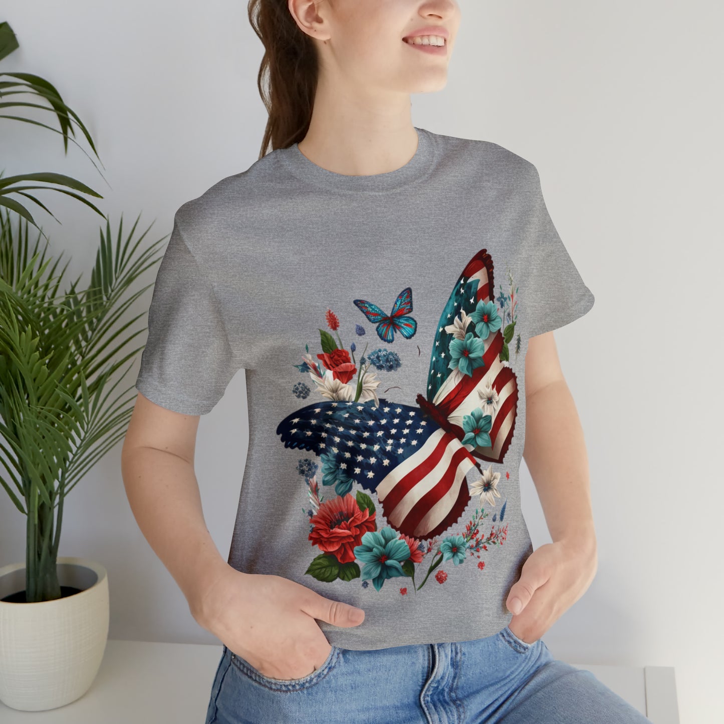 Unisex Jersey Short Sleeve Tee, American Flag, Butterfly, Patriotic