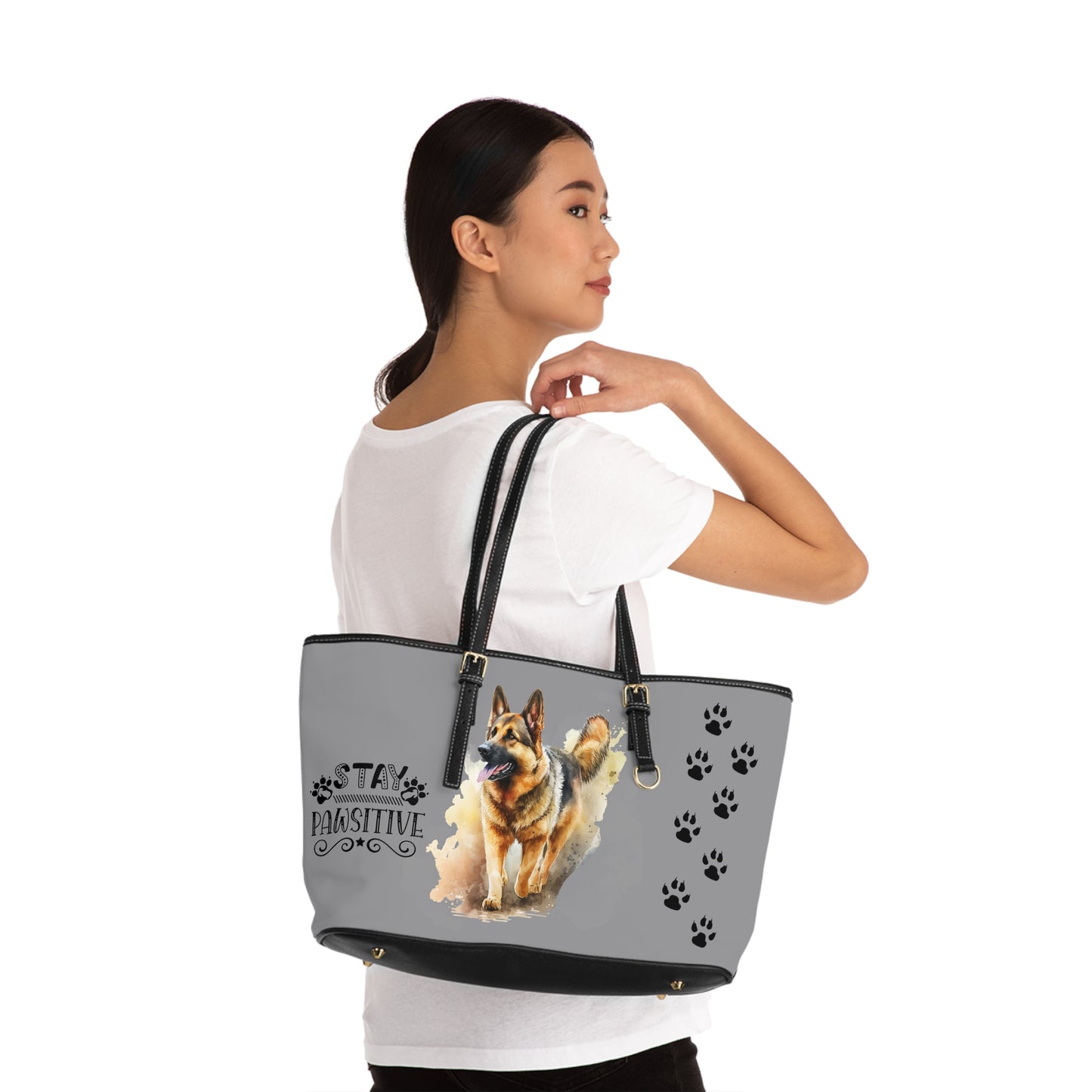 German Shepard Leather Shoulder Bag Grey You had me at Woof Stay Pawsitive Tote