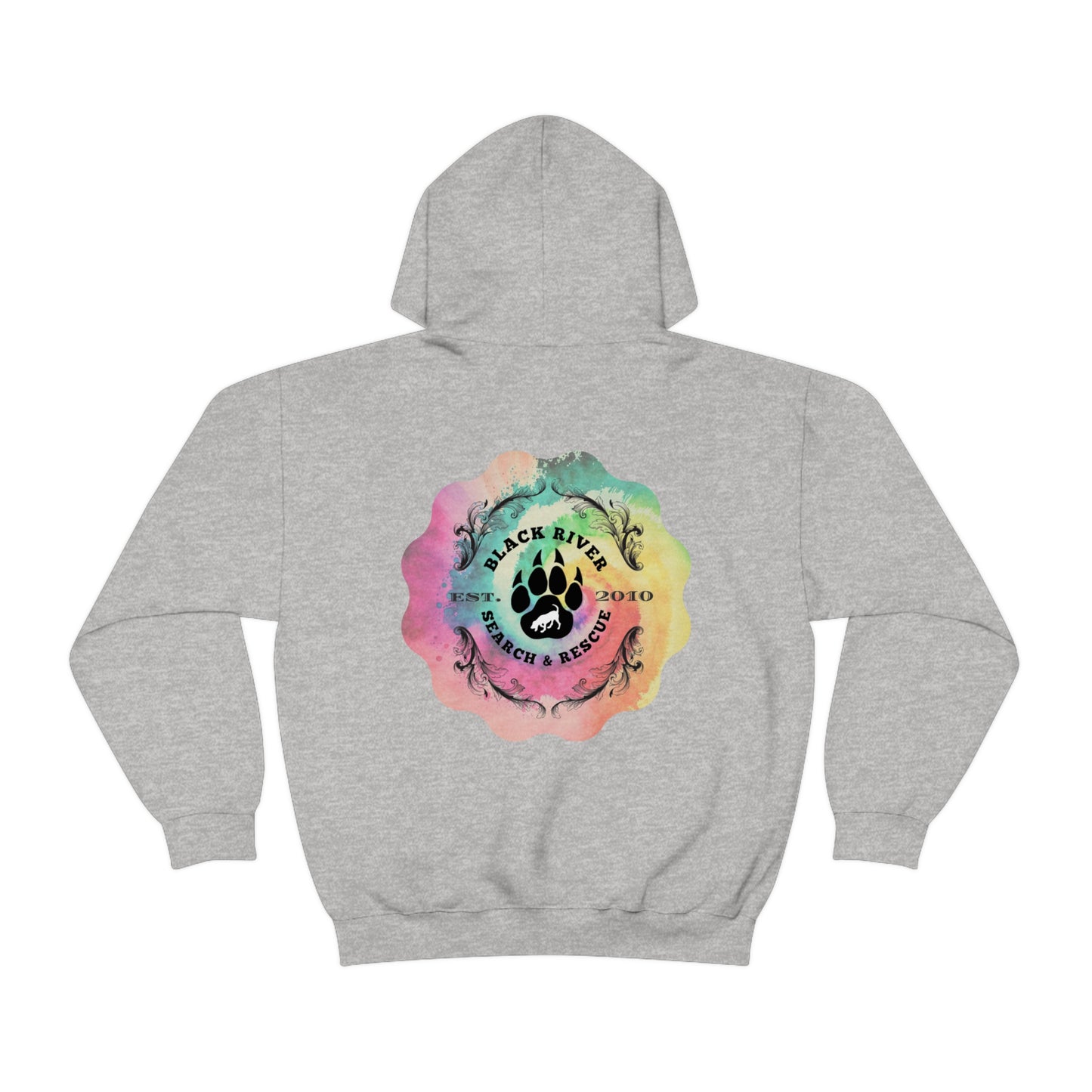 Tie Dye Black River Search & Rescue Logo with Lucy Unisex Heavy Blend™ Hooded Sweatshirt