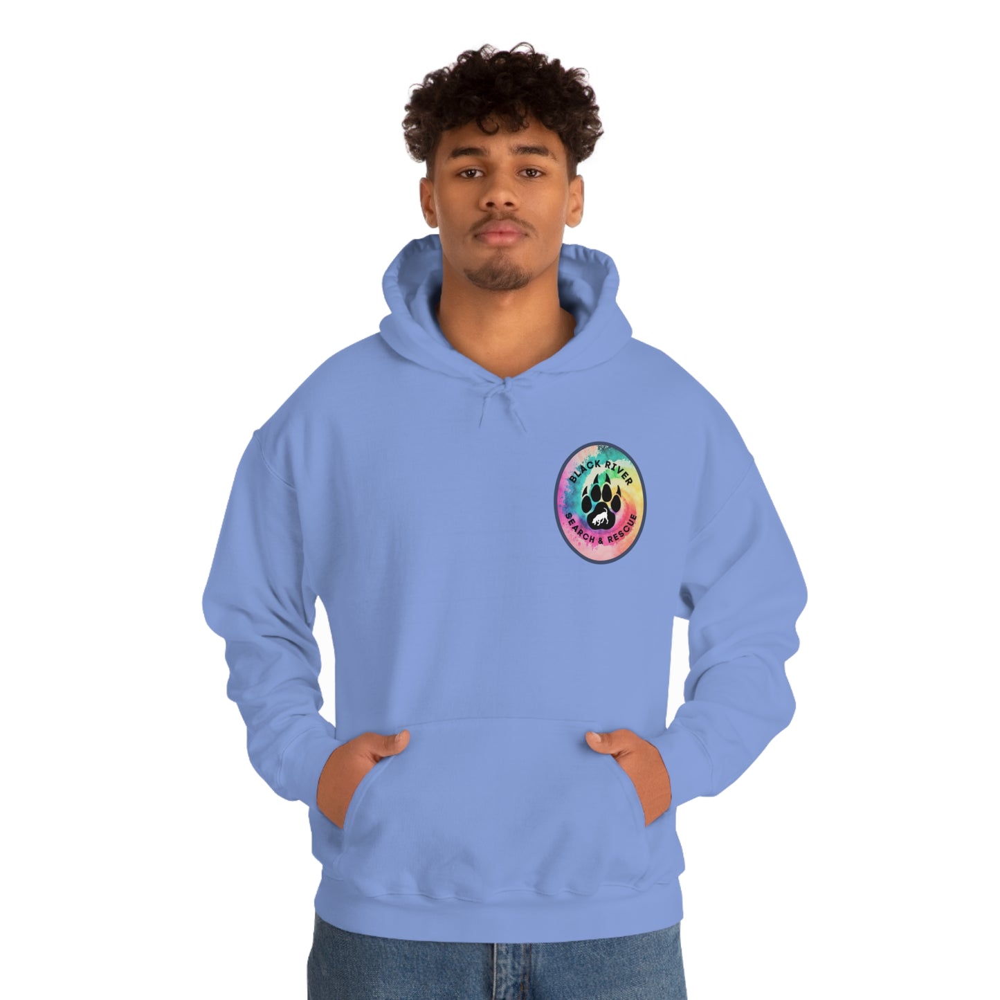 Tie Dye Black River Search & Rescue Logo with Lucy Unisex Heavy Blend™ Hooded Sweatshirt