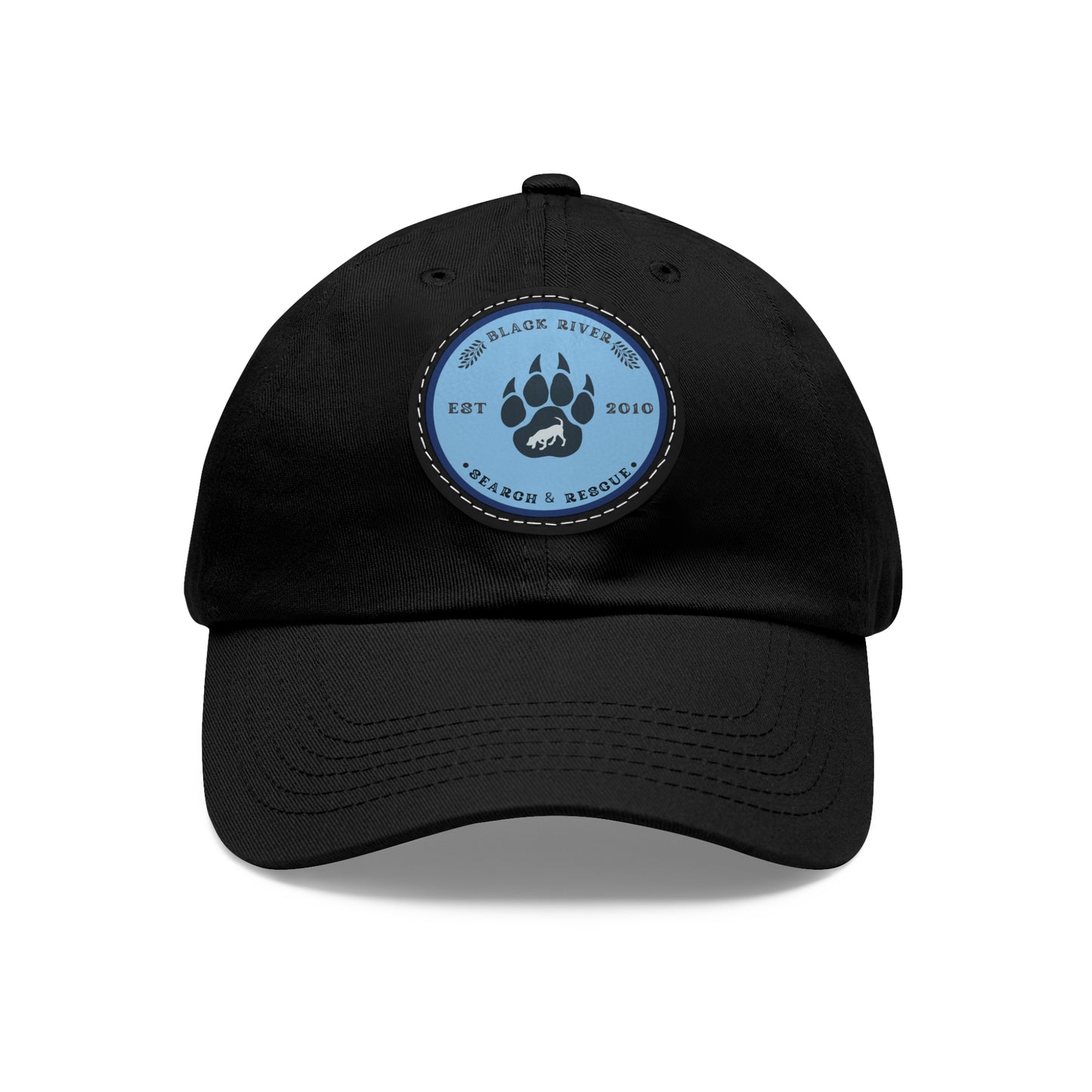 Unisex Hat with Leather Patch (Round), Black River Search & Rescue Logo, Blue patch