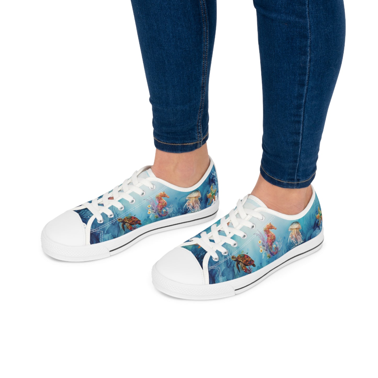 Women's Low Top Sneakers, Under Sea, Jellyfish, Turtle, Seahorse, Starfish