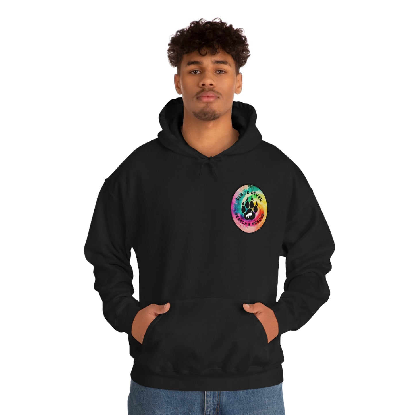 Tie Dye Black River Search & Rescue Logo with Lucy Unisex Heavy Blend™ Hooded Sweatshirt