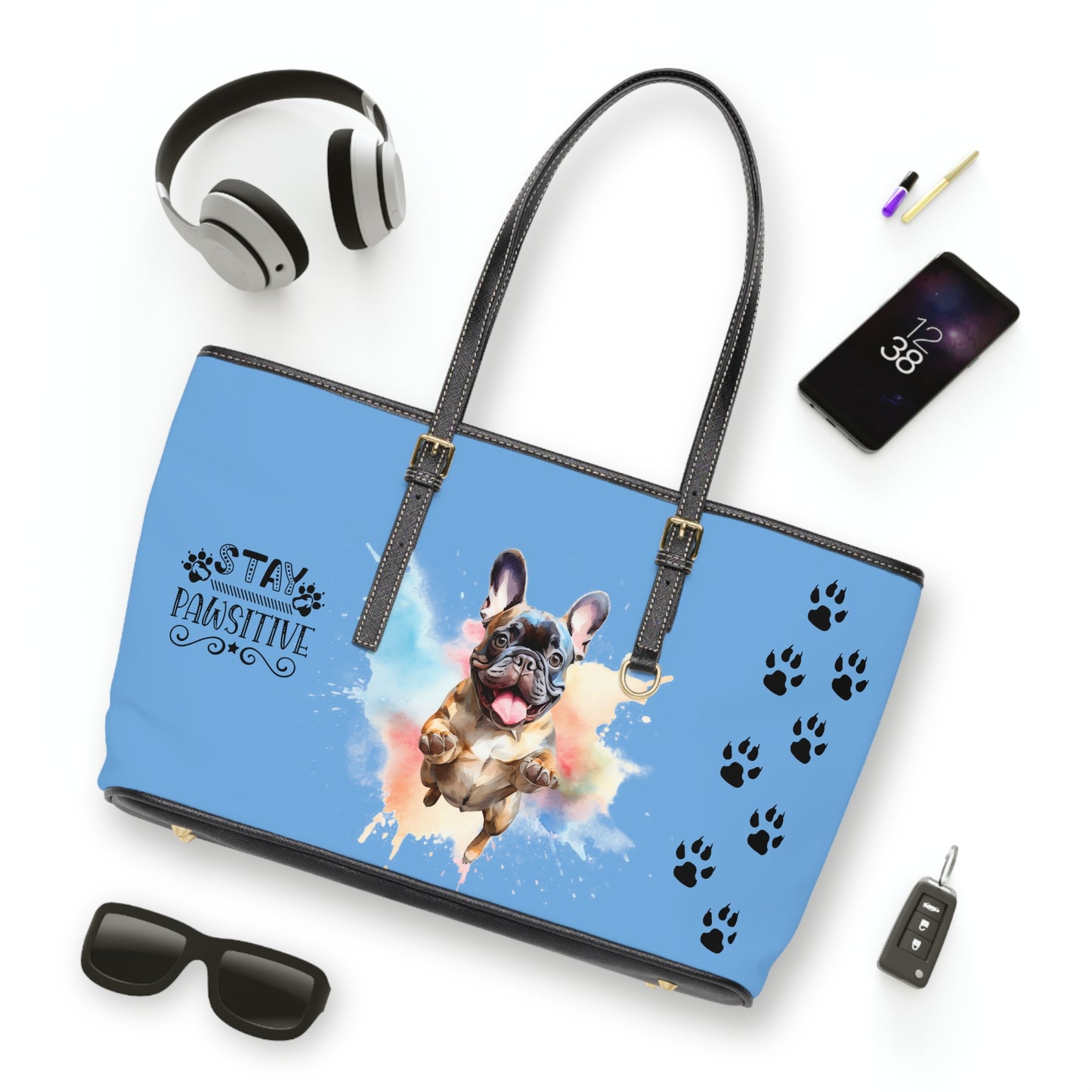 French Bulldog Leather Shoulder Bag Light Blue two Frenchie pictures You Had Me at Woof Stay Pawsitive