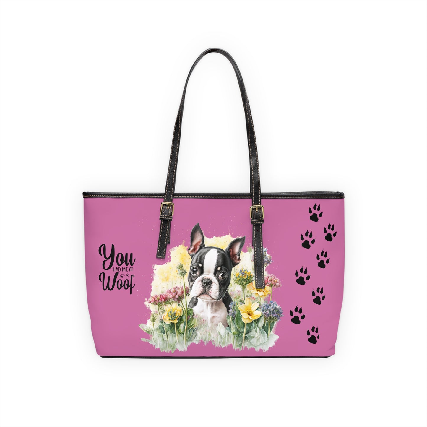 Boston Terrier Puppy Leather Shoulder Pink Bag two Boston Terrier puppies You Had Me at Woof Stay Pawsitive